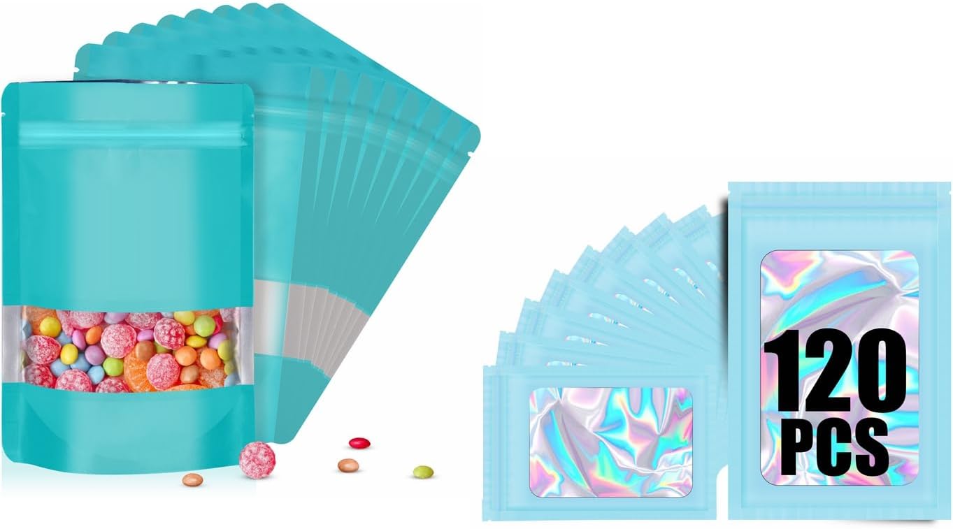 120pcs Mylar Bags for Food Storage+120pcs Holographic Packaging Bags（blue） - Image 1