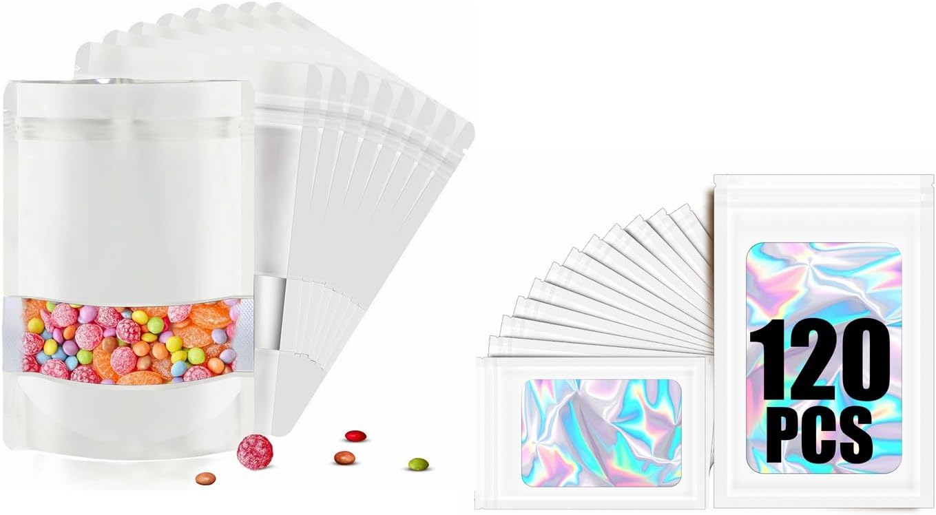 120pcs Mylar Bags for Food Storage+120pcs Holographic Packaging Bags（white） - Image 1