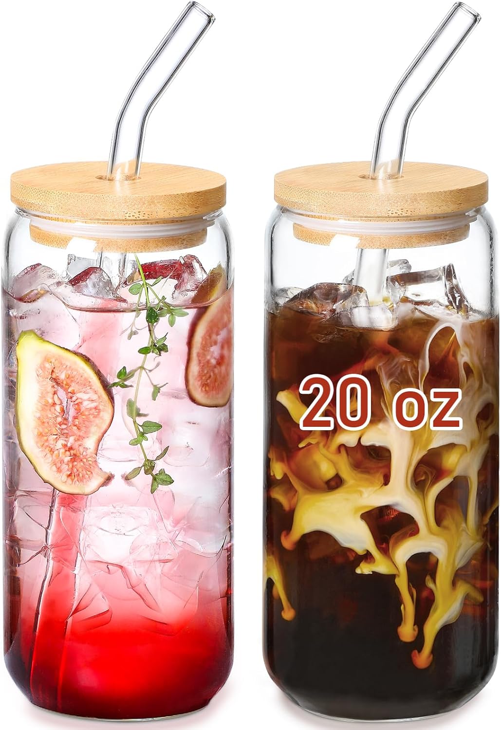 20 OZ Glass Cups with Bamboo Lids and Glass Straw - Beer Shaped Drinking Glasses Set, Iced Coffee Glasses, Cute Tumbler Cup, Aesthetic Coffee Bar Accessories, Gift - 2 Pack - Image 1