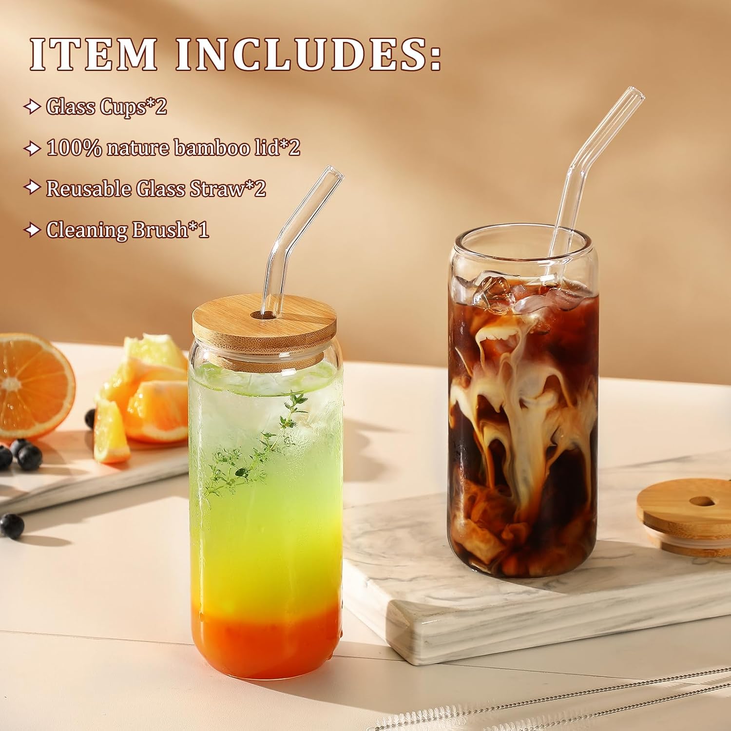 20 OZ Glass Cups with Bamboo Lids and Glass Straw - Beer Shaped Drinking Glasses Set, Iced Coffee Glasses, Cute Tumbler Cup, Aesthetic Coffee Bar Accessories, Gift - 2 Pack - Image 3