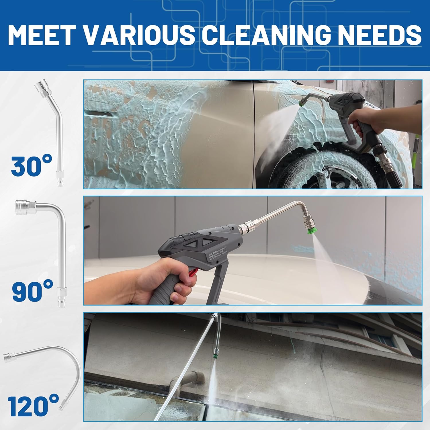 Pressure Washer Extension Wand - Gutter Cleaner Attachment - 30°, 90°, 120° Curved Rod, 1/4