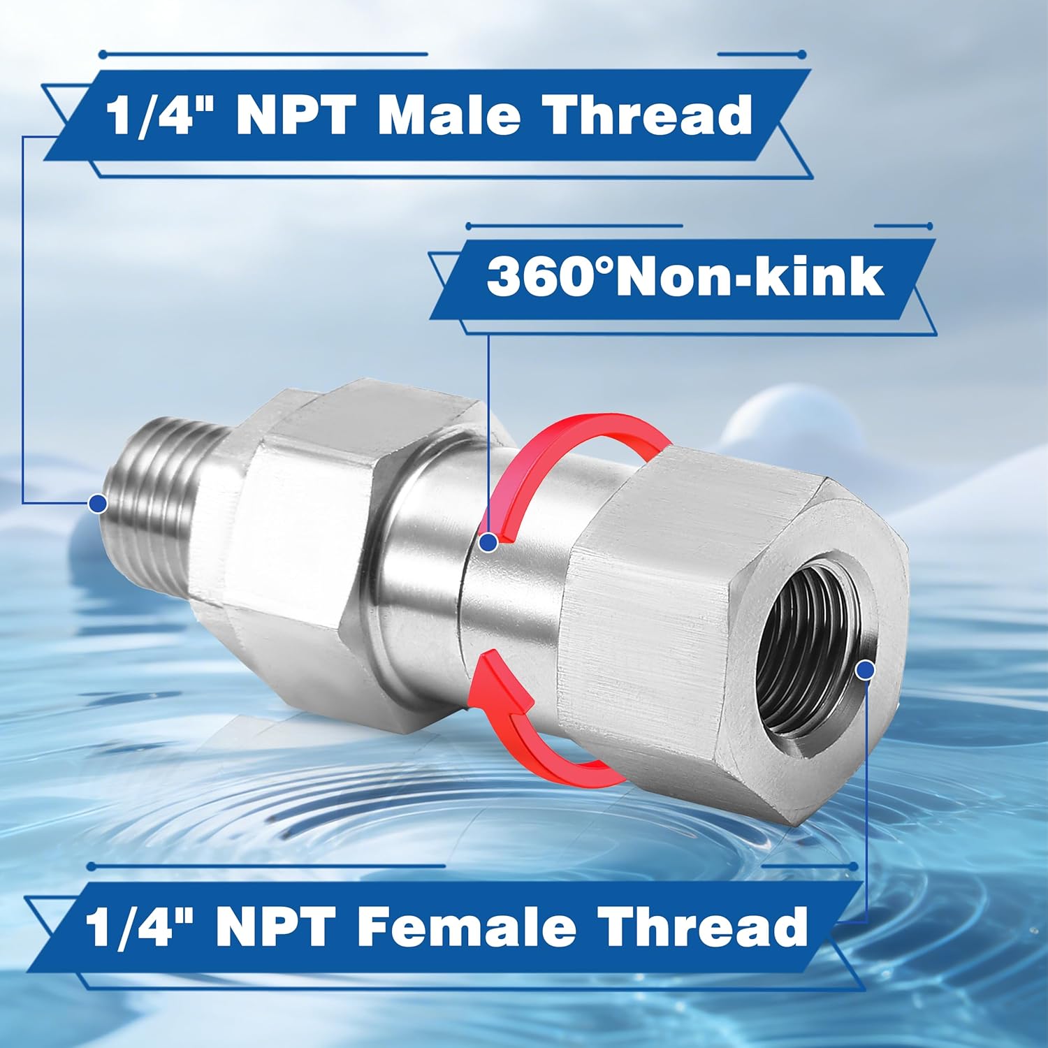 1/4” NPT Pressure Washer Swivel Fitting, Anti-Twist 1/4” Male to Female Adapter, 360° Kink-Free Swivel Connector for Gun and Hose, 4000 PSI, 2 Pcs - Image 2