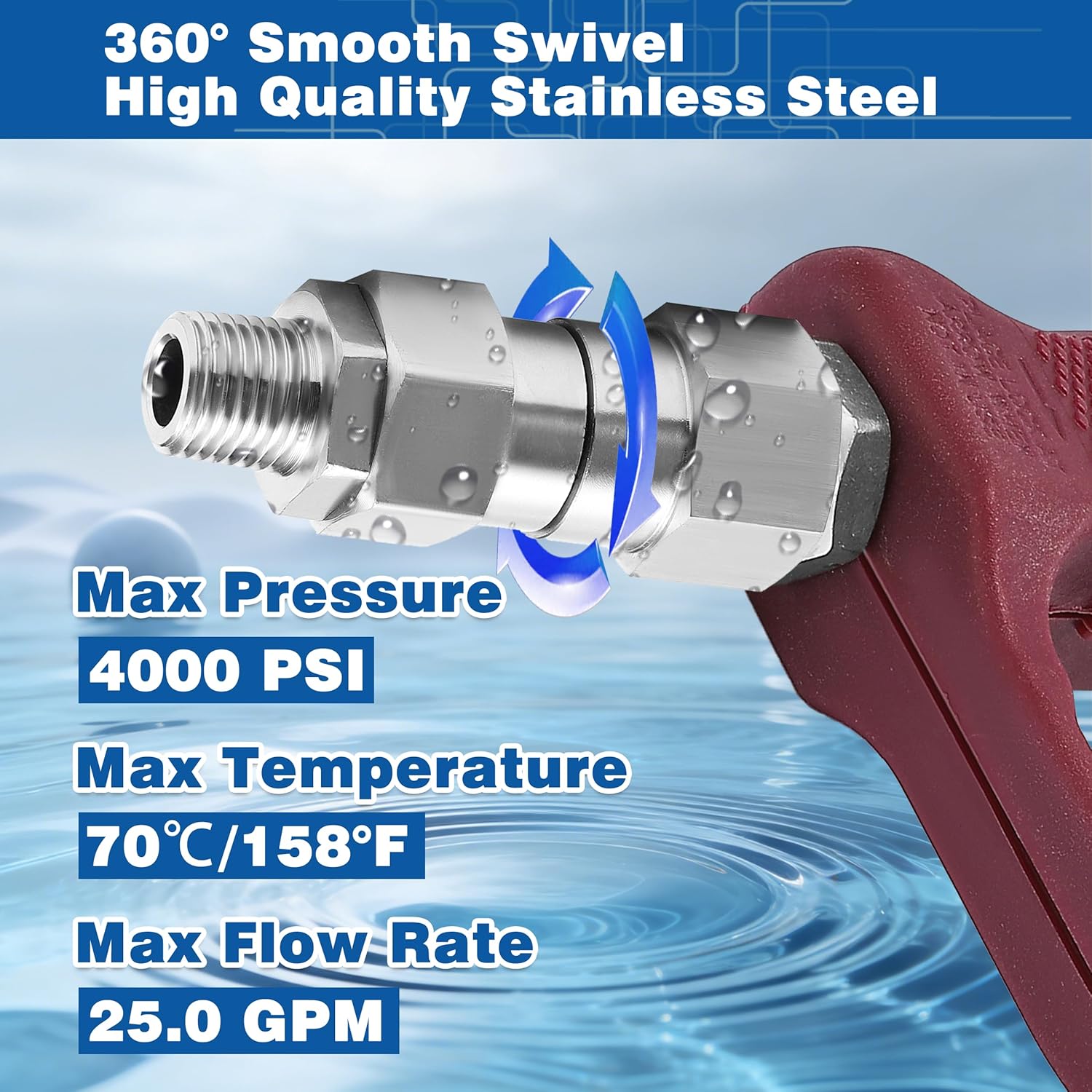 1/4” NPT Pressure Washer Swivel Fitting, Anti-Twist 1/4” Male to Female Adapter, 360° Kink-Free Swivel Connector for Gun and Hose, 4000 PSI, 2 Pcs - Image 7