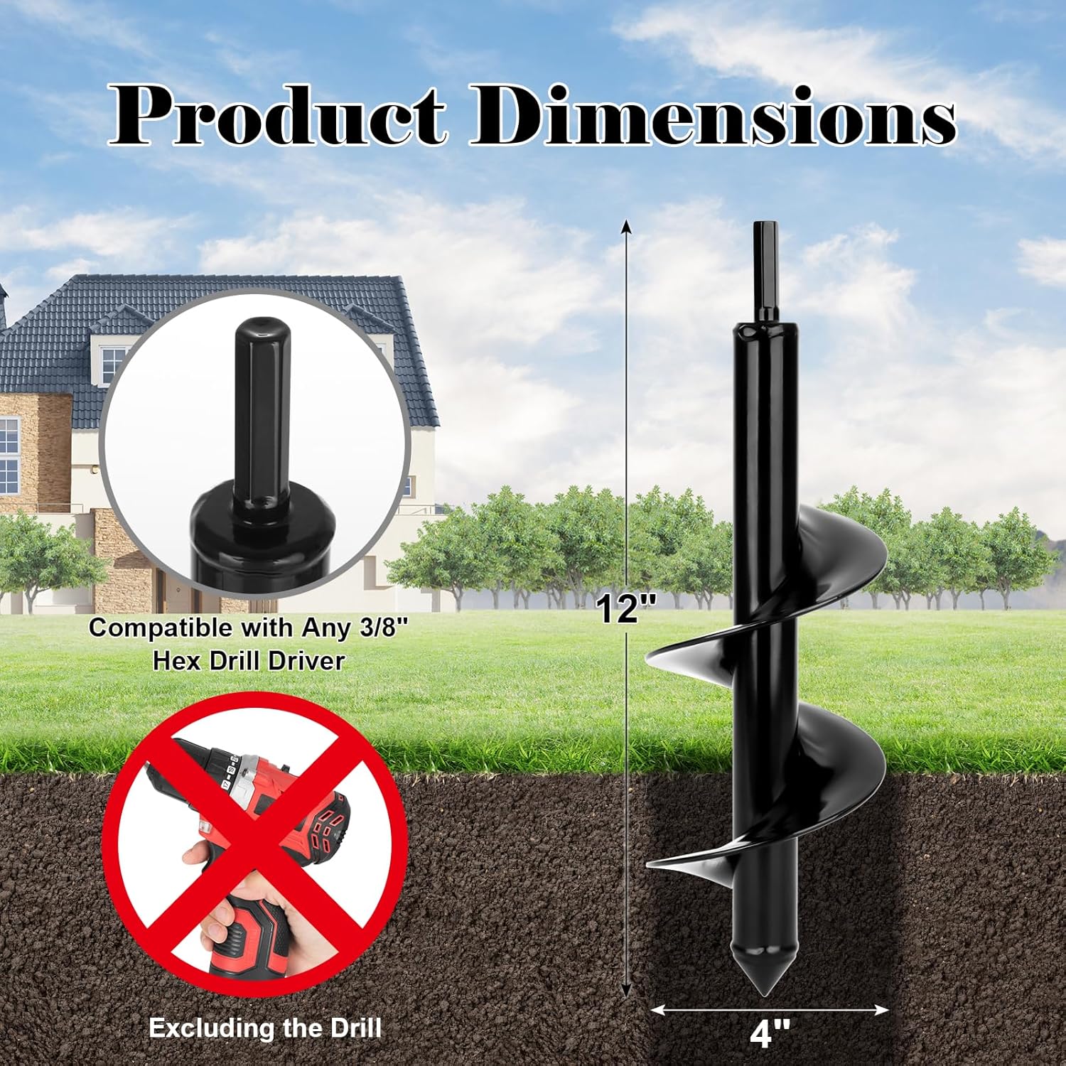 Auger Drill Bit for Planting 1 Pack, 4x12 inch,Auger Drill Bit Suitable for 3/8'' Hex Drill Driver,Garden Spiral Hole and Planter for Bulbs,Fence Posts,and Umbrella Holes - Image 2