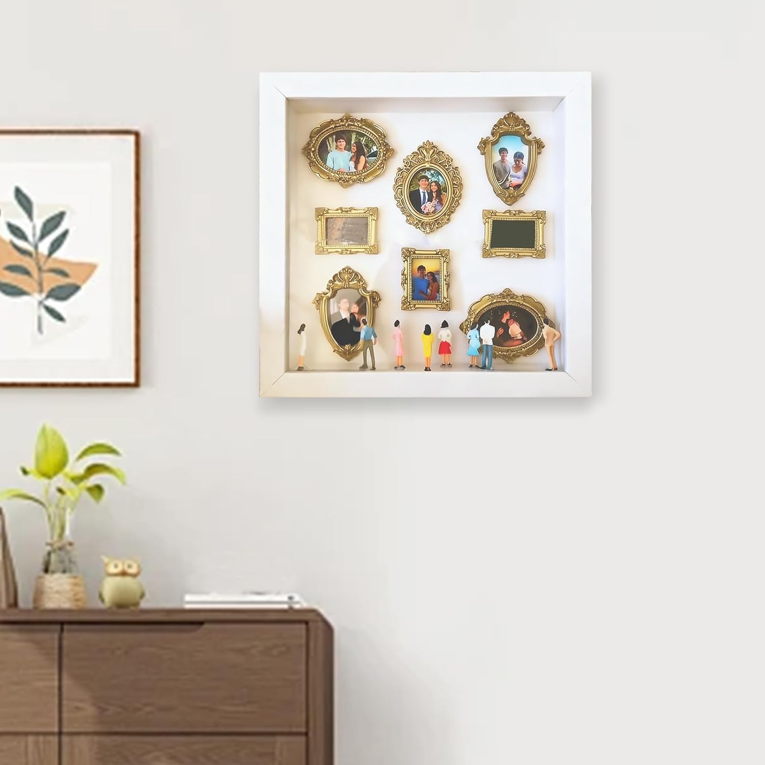 DIY Mini Museum Silhouette Box–Celebrate Your Unique Memories in Style, Personalized DIY Photo Family Memory Display Case Frame Silhouette Box with Gold Mini Frames & Figurines (White) - Image 1