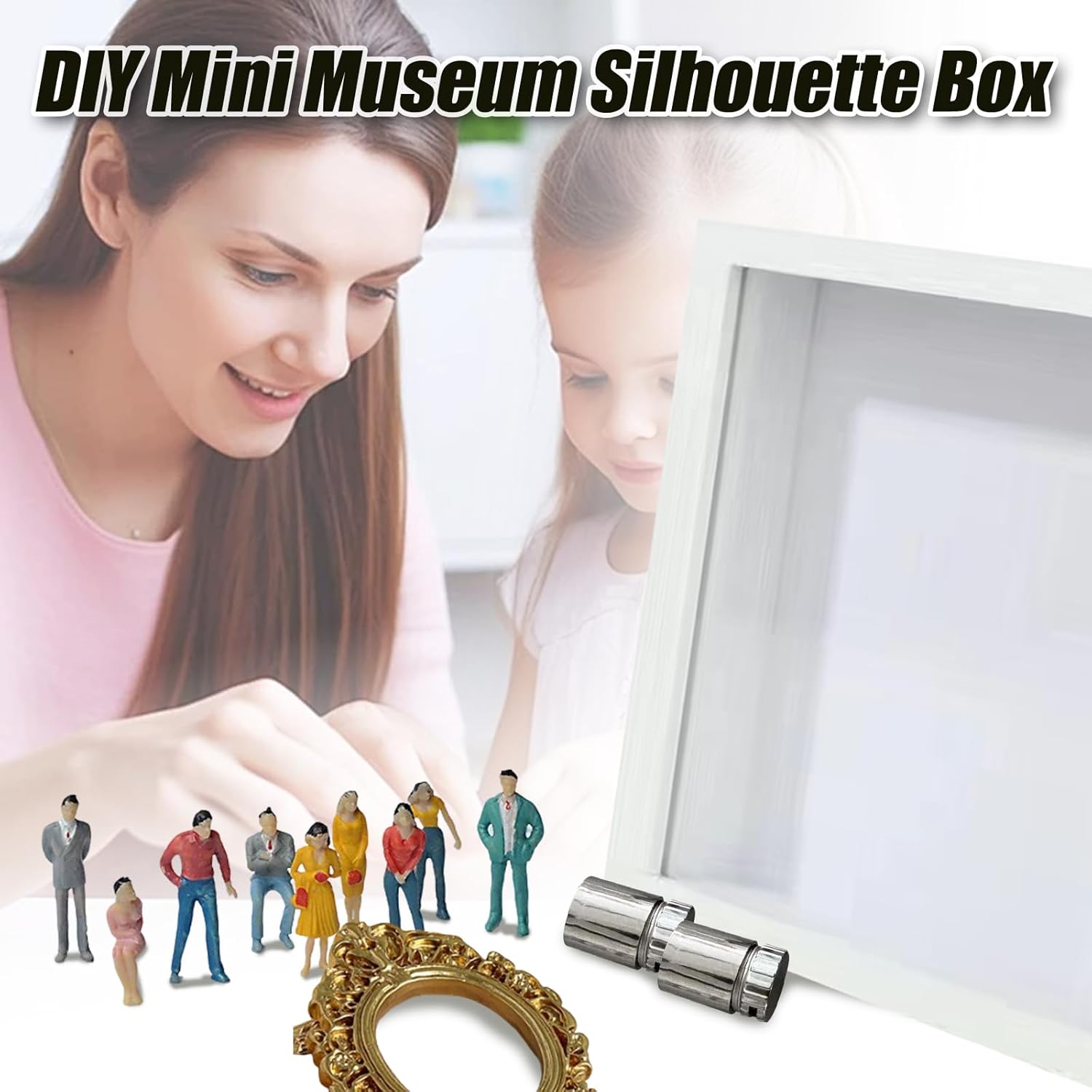 DIY Mini Museum Silhouette Box–Celebrate Your Unique Memories in Style, Personalized DIY Photo Family Memory Display Case Frame Silhouette Box with Gold Mini Frames & Figurines (White) - Image 2