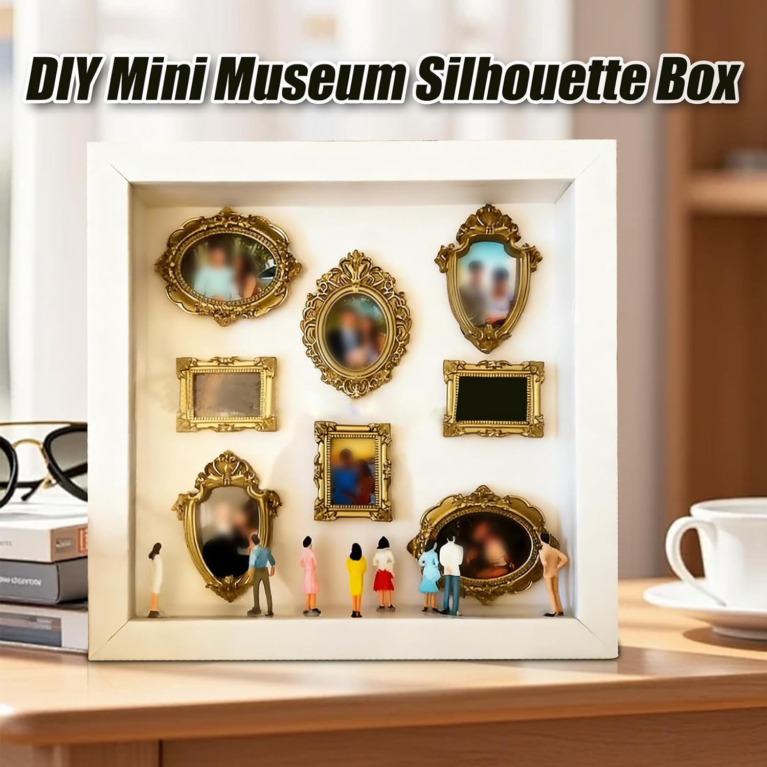 DIY Mini Museum Silhouette Box–Celebrate Your Unique Memories in Style, Personalized DIY Photo Family Memory Display Case Frame Silhouette Box with Gold Mini Frames & Figurines (White) - Image 4