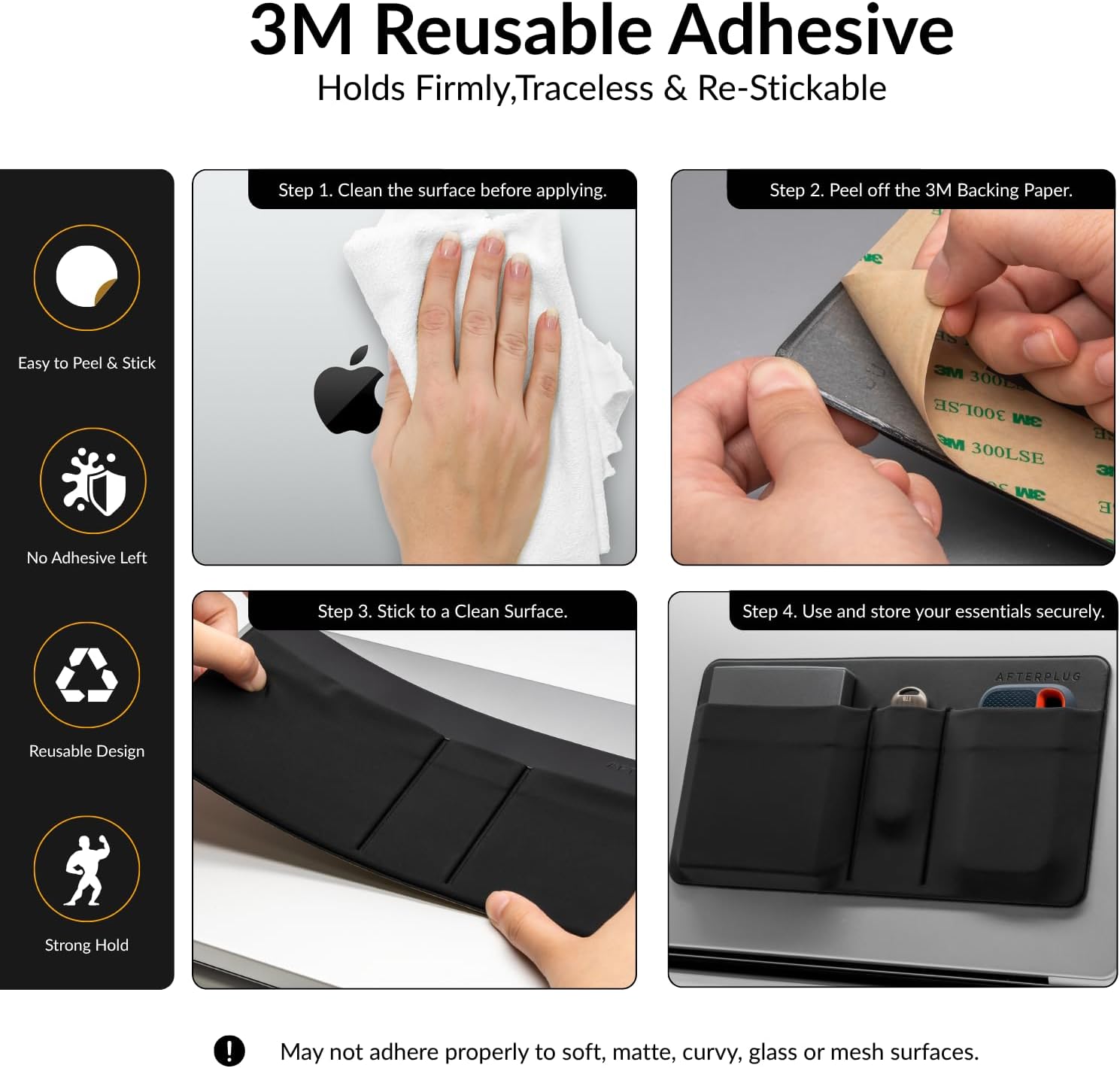3-Pocket Storage Pouch, Adhesive Laptop Accessory Organizer, for Portable HDD, SSD, USB Drive, Mouse, Cables - Black - Image 2