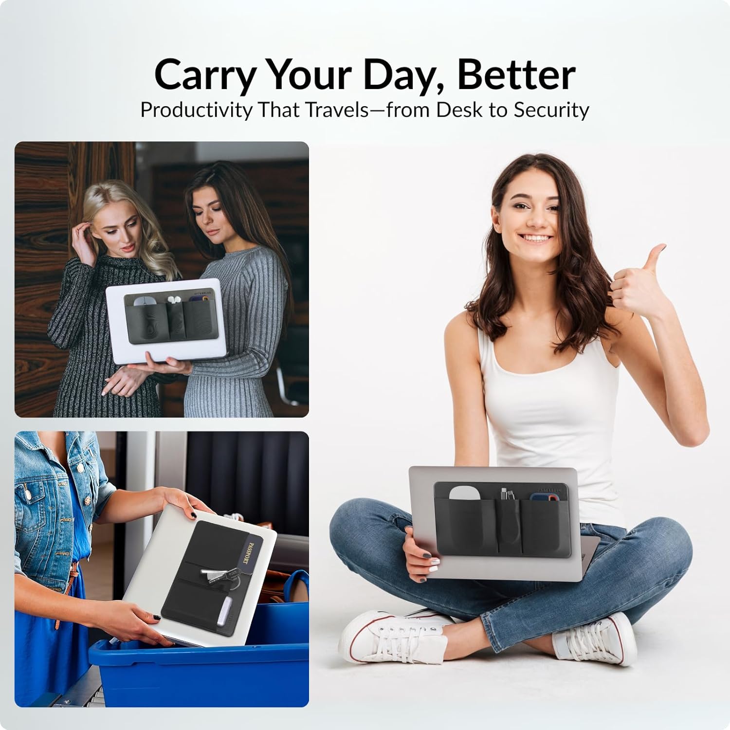 3-Pocket Storage Pouch, Adhesive Laptop Accessory Organizer, for Portable HDD, SSD, USB Drive, Mouse, Cables - Black - Image 5