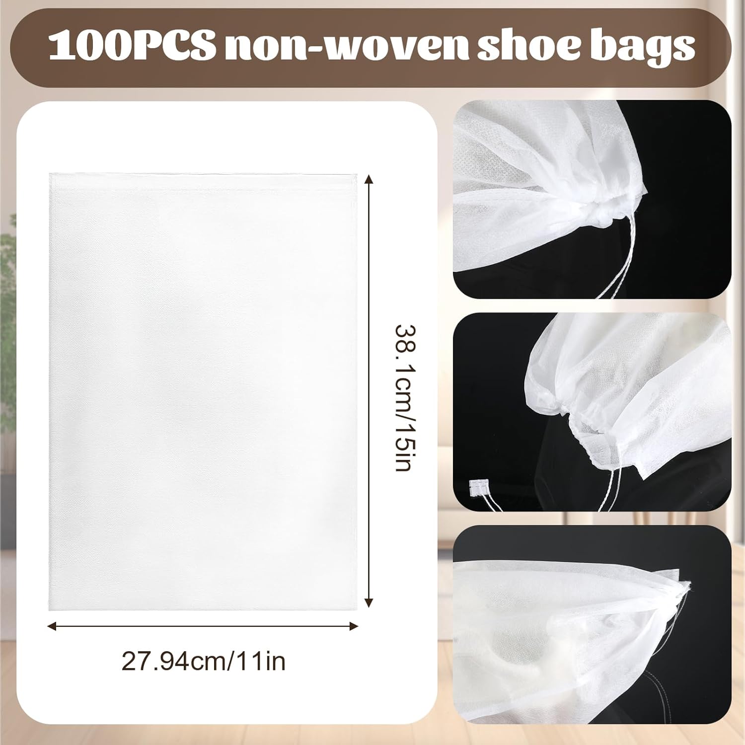 100Pcs Purse Dust Bags for Storage Drawstring Purse Covers Storage Bags for Dust and Storages 11in X 15in Breathable Non-woven Fabric Storages Pouch String Bag Travel Shoe Bag Handbag Covers - Image 1