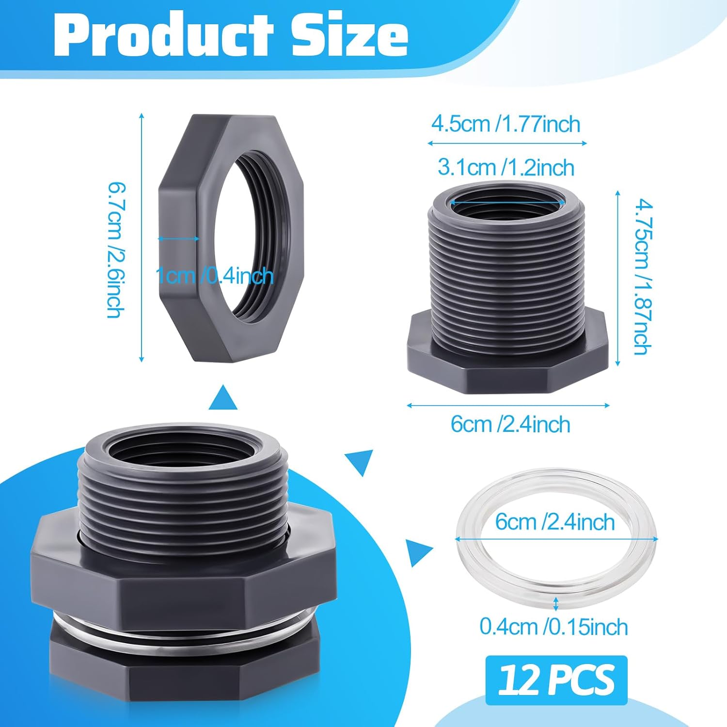 12Pcs Bulkhead Fitting 1 Inch Pvc Bulkhead with Plug Water Tank Connector Adapter Fitting Double Threaded Hose Adapter Silicon Seal Gasket Water Tank Connector for Aquariums, Rain Bucket - Image 1