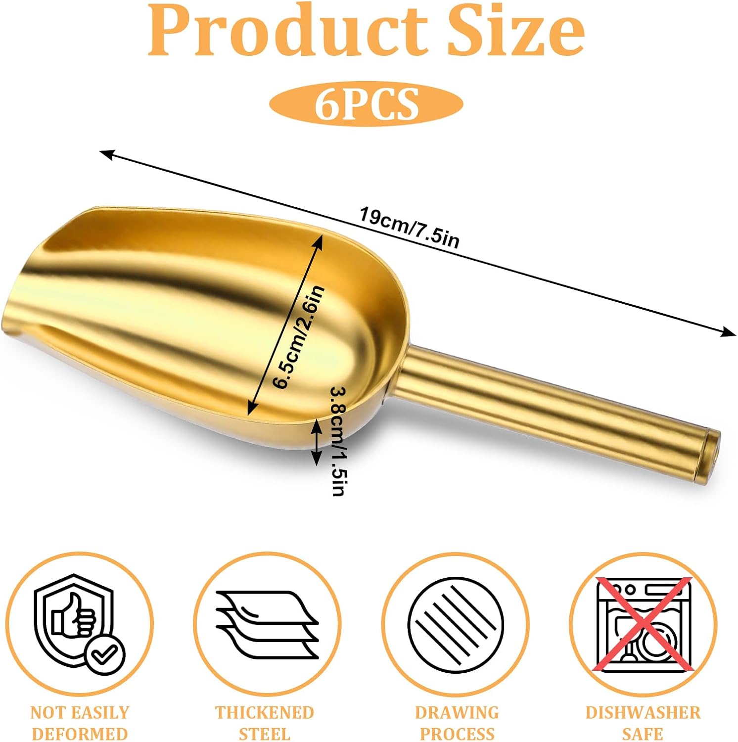 6pcs Gold Ice Scoopers for Ice Bucket, 5 Oz Candy Scoops for Candy Buffet Stainless Steel Mini Scoop Metal Food Scoops for Jars Canisters Scooping Dry Goods, Sugar, Coffee Bean, Flour, Spice - Image 1
