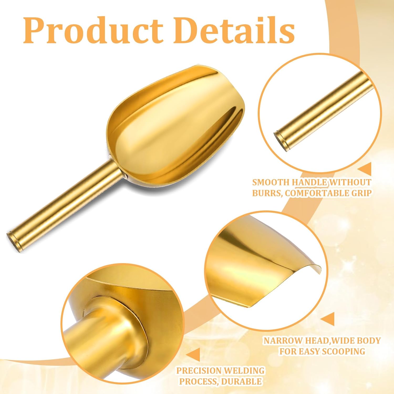 6pcs Gold Ice Scoopers for Ice Bucket, 5 Oz Candy Scoops for Candy Buffet Stainless Steel Mini Scoop Metal Food Scoops for Jars Canisters Scooping Dry Goods, Sugar, Coffee Bean, Flour, Spice - Image 2