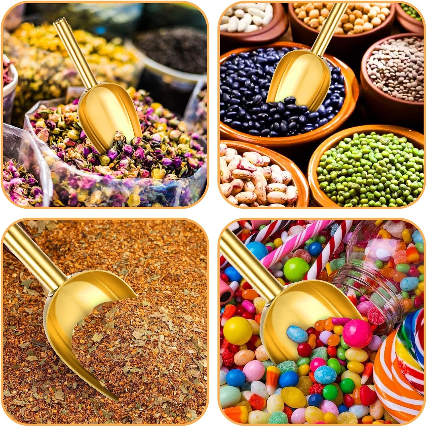 6pcs Gold Ice Scoopers for Ice Bucket, 5 Oz Candy Scoops for Candy Buffet Stainless Steel Mini Scoop Metal Food Scoops for Jars Canisters Scooping Dry Goods, Sugar, Coffee Bean, Flour, Spice - Image 4