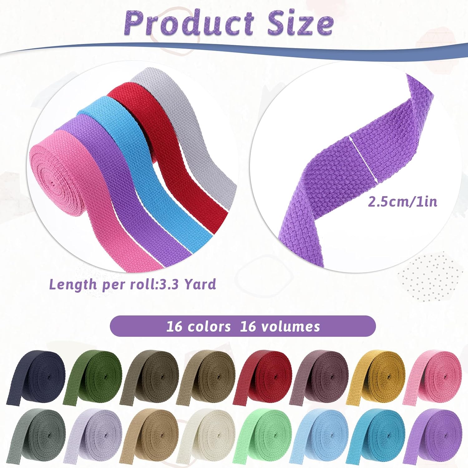Vin Beauty 16 Rolls Cotton Webbing Strap 1 Inch Wide 3.3 Yard Polyester Webbing Straps for Bag Making Supplies, 16 Colors Nylon Twill Tape Strapping for Pets, DIY Crafts Furniture Backpack, Gardening - Image 1