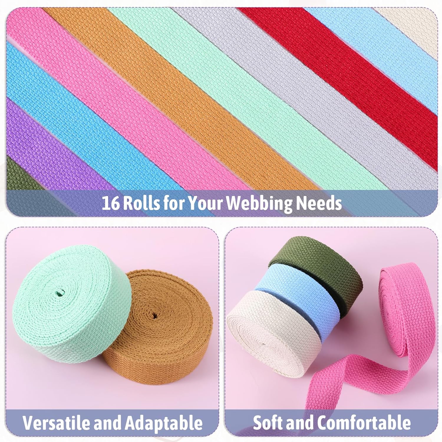 Vin Beauty 16 Rolls Cotton Webbing Strap 1 Inch Wide 3.3 Yard Polyester Webbing Straps for Bag Making Supplies, 16 Colors Nylon Twill Tape Strapping for Pets, DIY Crafts Furniture Backpack, Gardening - Image 2