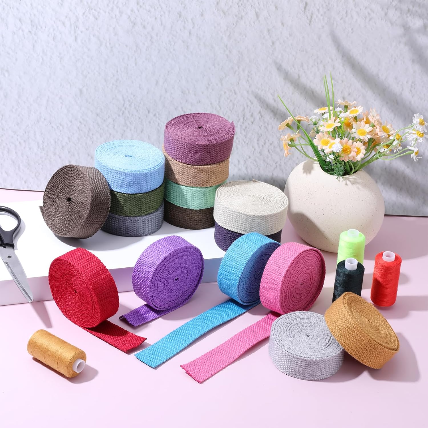 Vin Beauty 16 Rolls Cotton Webbing Strap 1 Inch Wide 3.3 Yard Polyester Webbing Straps for Bag Making Supplies, 16 Colors Nylon Twill Tape Strapping for Pets, DIY Crafts Furniture Backpack, Gardening - Image 3