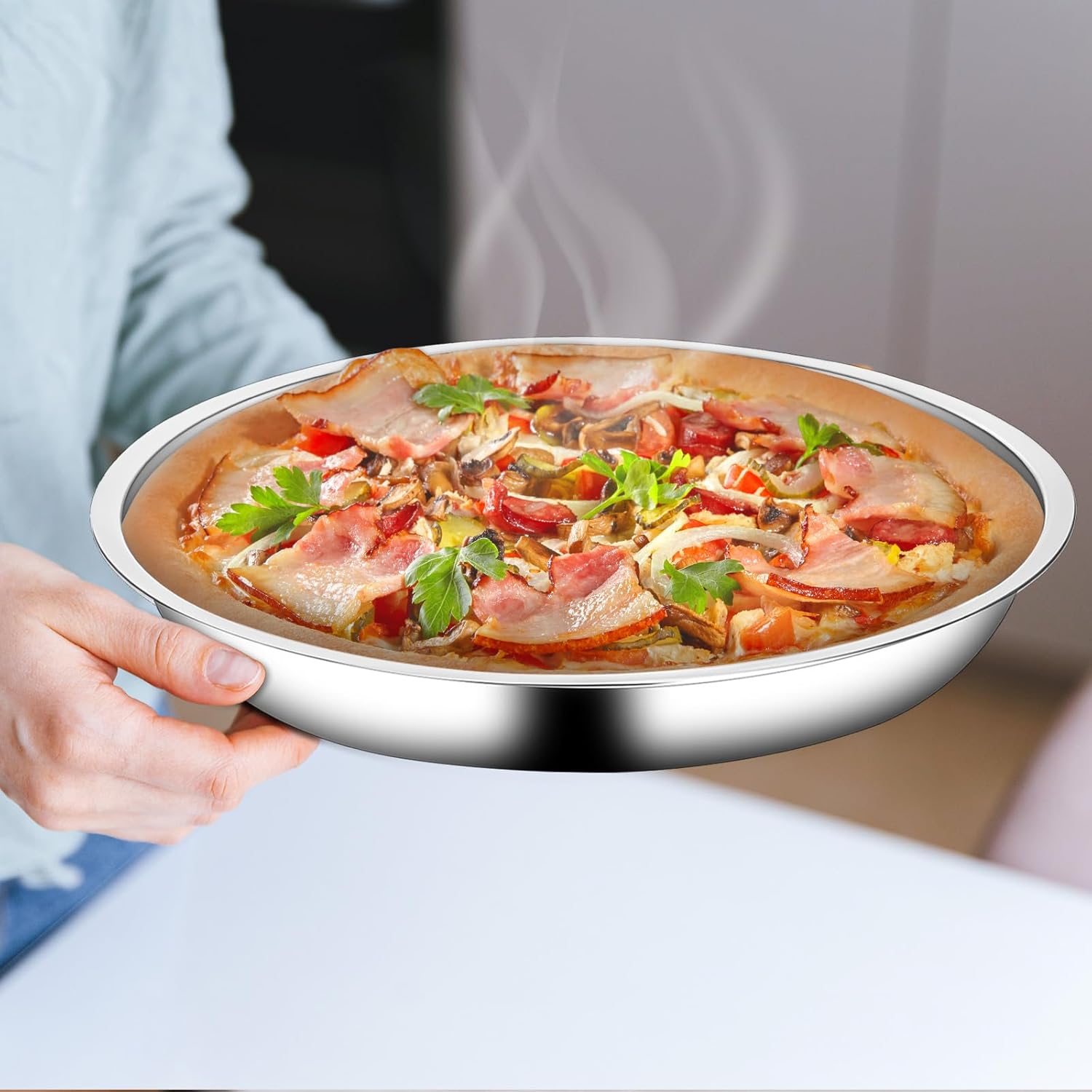 Vin Beauty 4 Pack 13 Inch Deep Dish Pizza Pan Stainless Steel Round Pizza Tray for Oven, Deep Dish Metal Stainless Steel Pie Pan Baking for Oven Cookie Cake, Dishwasher Safe - Image 6