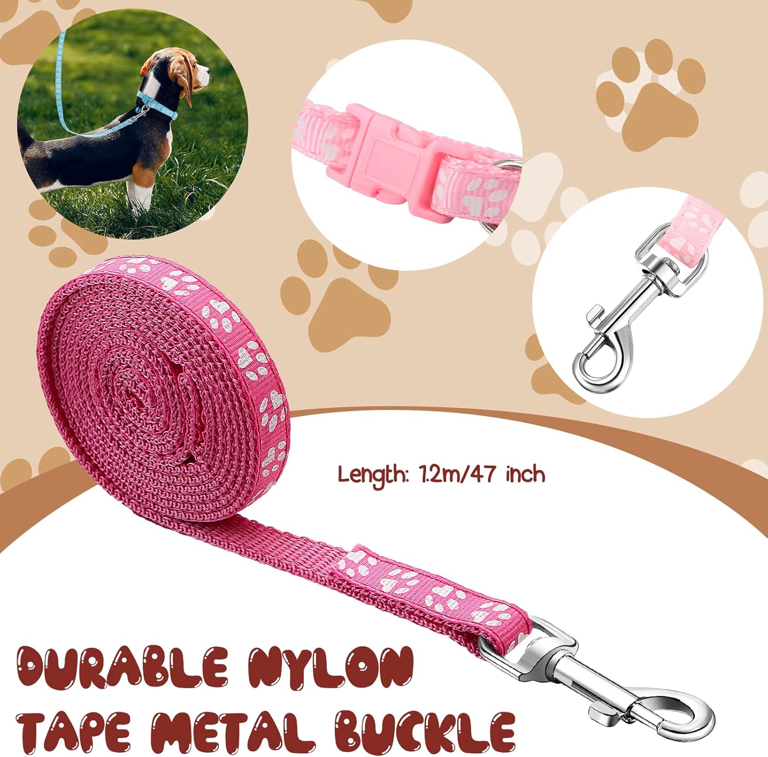 Amylove 48 Pcs Dog Collar and Leash Set, Polypropylene Adjustable Puppy Collars for Medium Dogs Small Pet Puppy Walking Training with Hook and Buckle(Multicolor,Paws Pattern) - Image 5