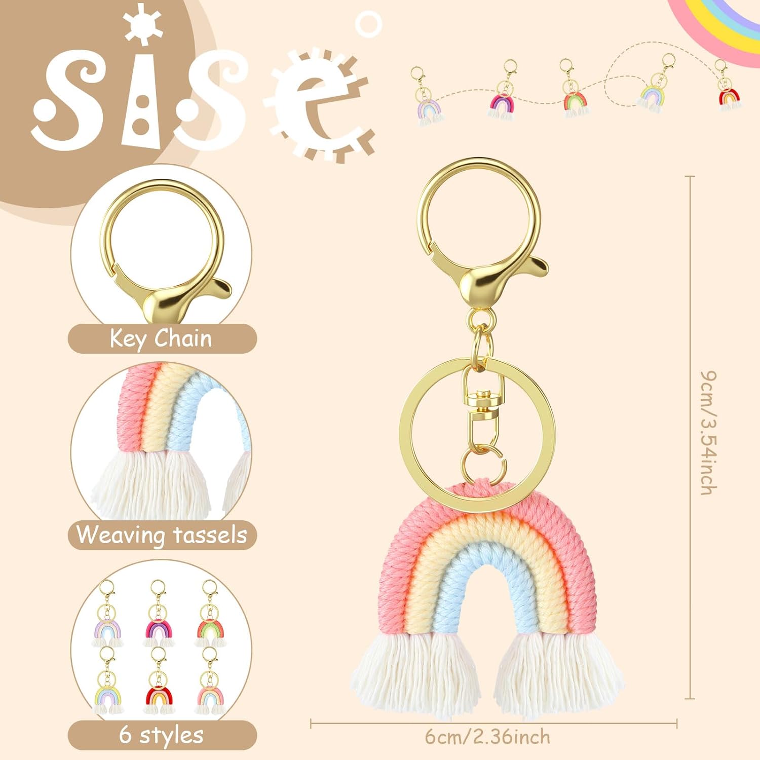 Landhoow 6 Pcs Boho Rainbow Keychains Bulk Women Macrame Rainbow Key Chains Mini Tassel Keychains Car Keyrings Holder(Pastel Color) - Image 1