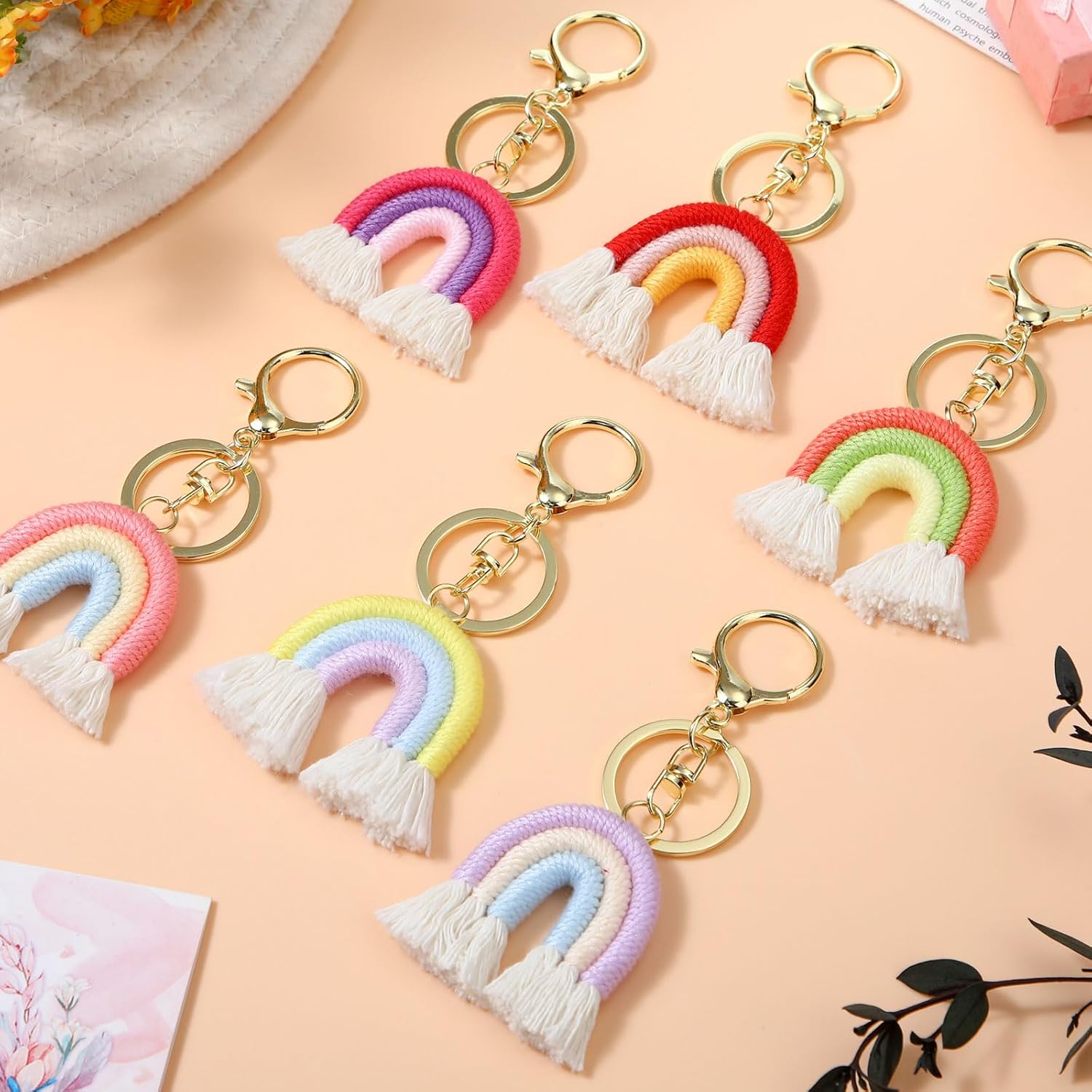 Landhoow 6 Pcs Boho Rainbow Keychains Bulk Women Macrame Rainbow Key Chains Mini Tassel Keychains Car Keyrings Holder(Pastel Color) - Image 2