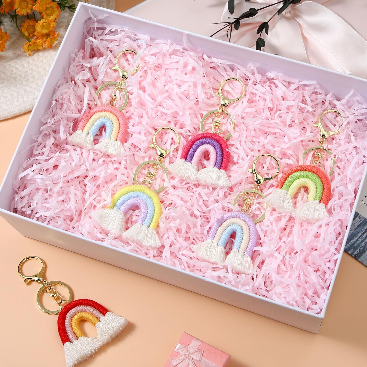 Landhoow 6 Pcs Boho Rainbow Keychains Bulk Women Macrame Rainbow Key Chains Mini Tassel Keychains Car Keyrings Holder(Pastel Color) - Image 5