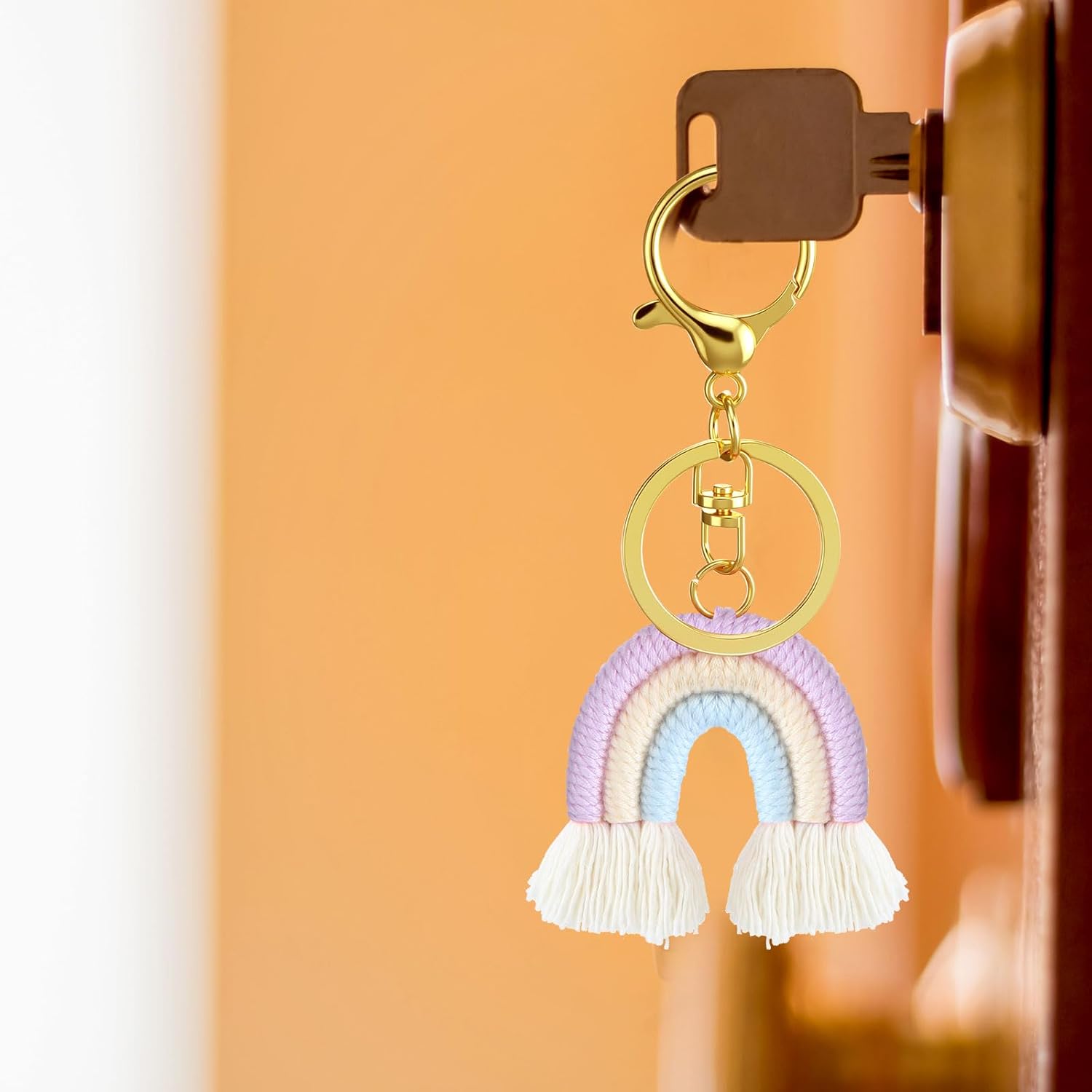 Landhoow 6 Pcs Boho Rainbow Keychains Bulk Women Macrame Rainbow Key Chains Mini Tassel Keychains Car Keyrings Holder(Pastel Color) - Image 6