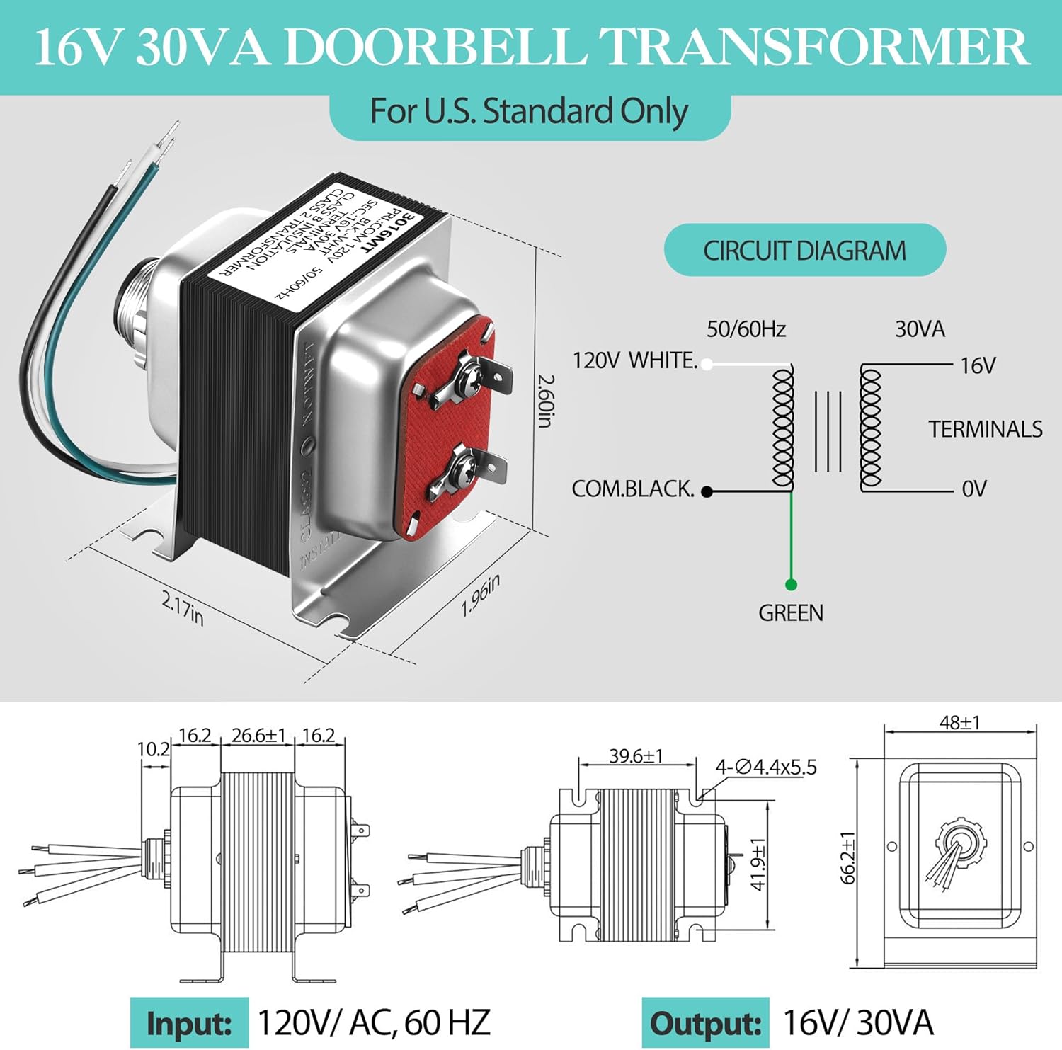 Landhoow Doorbell Transformer 16V 30VA, Hardwired Door Chime Transformer Compatible with Ring, Nest Hello Video Doorbell, 16V AC Power Supply for Thermostat, Easy to Install Door Bell Transformers - Image 1