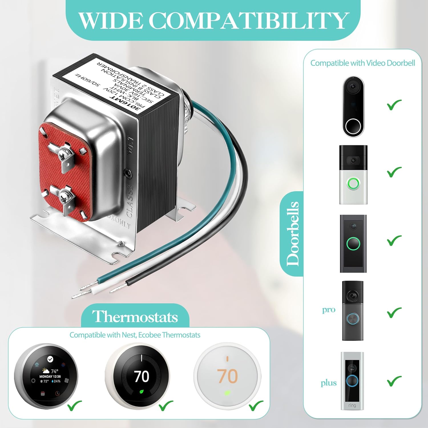 Landhoow Doorbell Transformer 16V 30VA, Hardwired Door Chime Transformer Compatible with Ring, Nest Hello Video Doorbell, 16V AC Power Supply for Thermostat, Easy to Install Door Bell Transformers - Image 2