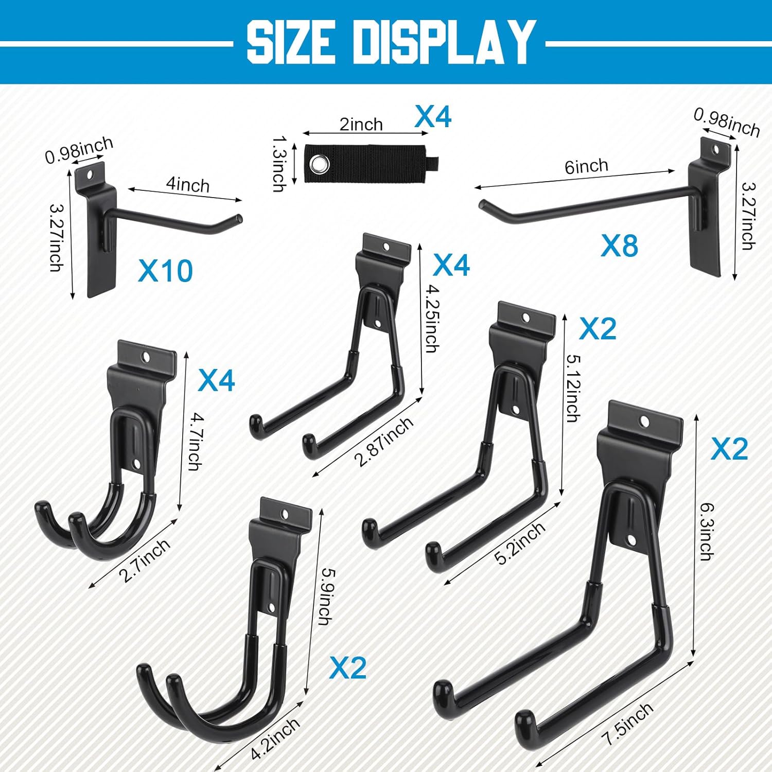 Landhoow 36 Pcs Slatwall Hooks & Hangers 32 Pcs Heavy Duty Slat Wall Hanging Hooks with 4 Pcs Storage Straps Assortment Slatwall Accessories for Storage Garage Wall Organization Garden Home (Black) - Image 2