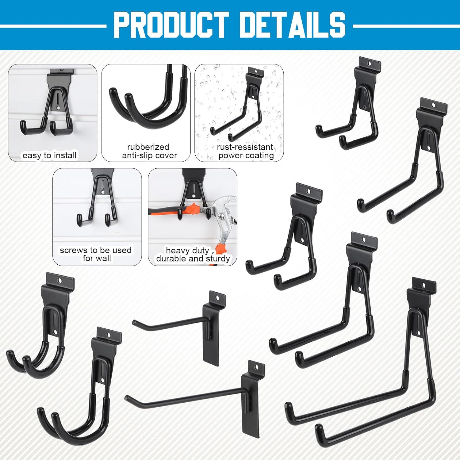 Landhoow 36 Pcs Slatwall Hooks & Hangers 32 Pcs Heavy Duty Slat Wall Hanging Hooks with 4 Pcs Storage Straps Assortment Slatwall Accessories for Storage Garage Wall Organization Garden Home (Black) - Image 3