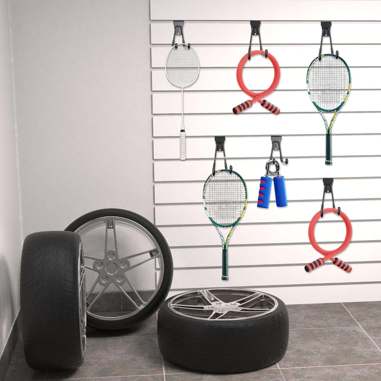 Landhoow 36 Pcs Slatwall Hooks & Hangers 32 Pcs Heavy Duty Slat Wall Hanging Hooks with 4 Pcs Storage Straps Assortment Slatwall Accessories for Storage Garage Wall Organization Garden Home (Black) - Image 5
