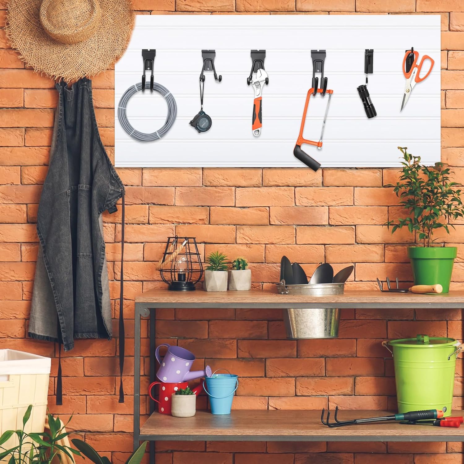 Landhoow 36 Pcs Slatwall Hooks & Hangers 32 Pcs Heavy Duty Slat Wall Hanging Hooks with 4 Pcs Storage Straps Assortment Slatwall Accessories for Storage Garage Wall Organization Garden Home (Black) - Image 6