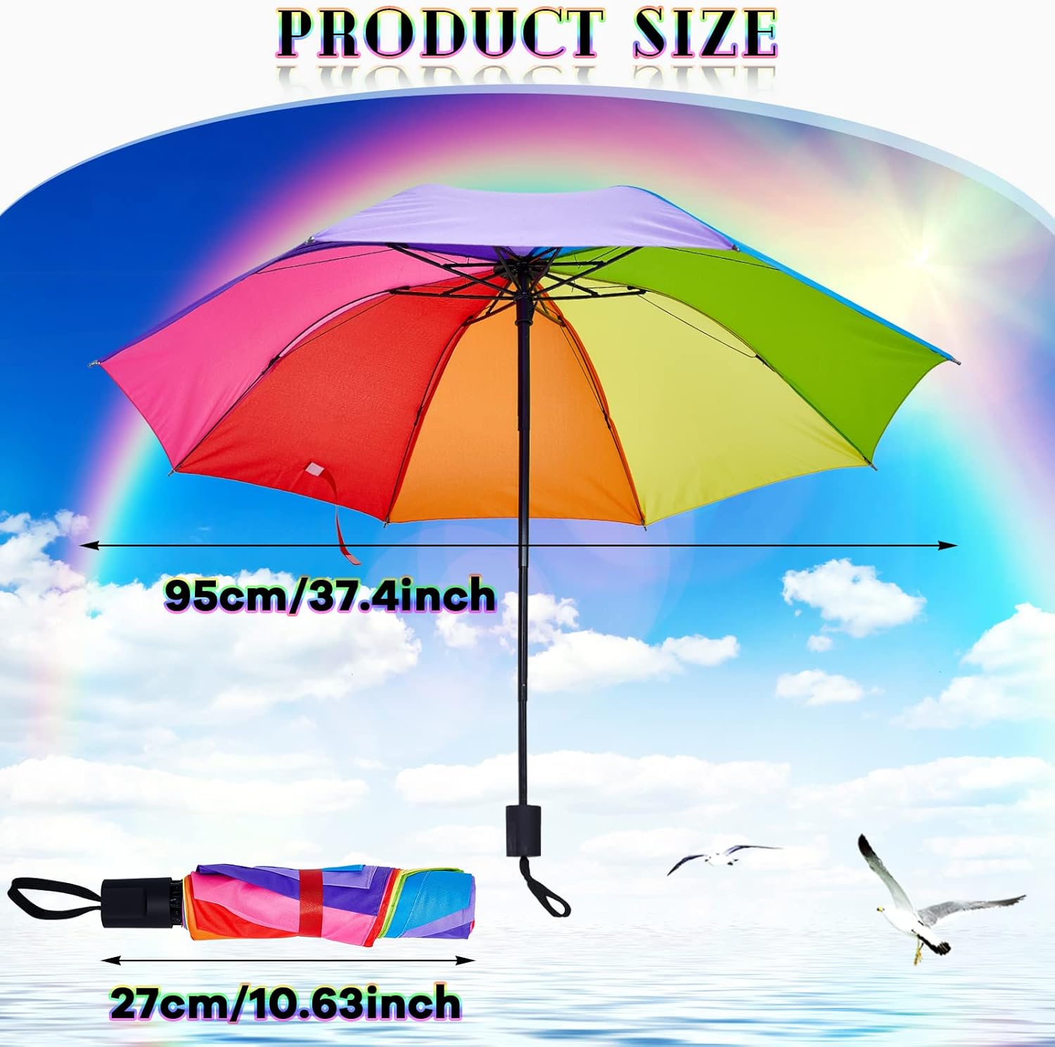 Amylove 2 Pieces 8 Rib Rainbow Umbrella Portable Compact Tri Folded Umbrella LGBT Pride Collapsible Kids Beach Rainbow Travel Parasol for rain sun Pride Month Wedding Party - Image 1