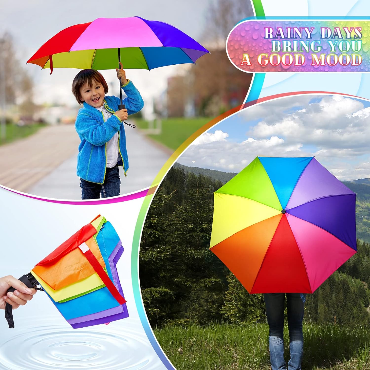 Amylove 2 Pieces 8 Rib Rainbow Umbrella Portable Compact Tri Folded Umbrella LGBT Pride Collapsible Kids Beach Rainbow Travel Parasol for rain sun Pride Month Wedding Party - Image 5