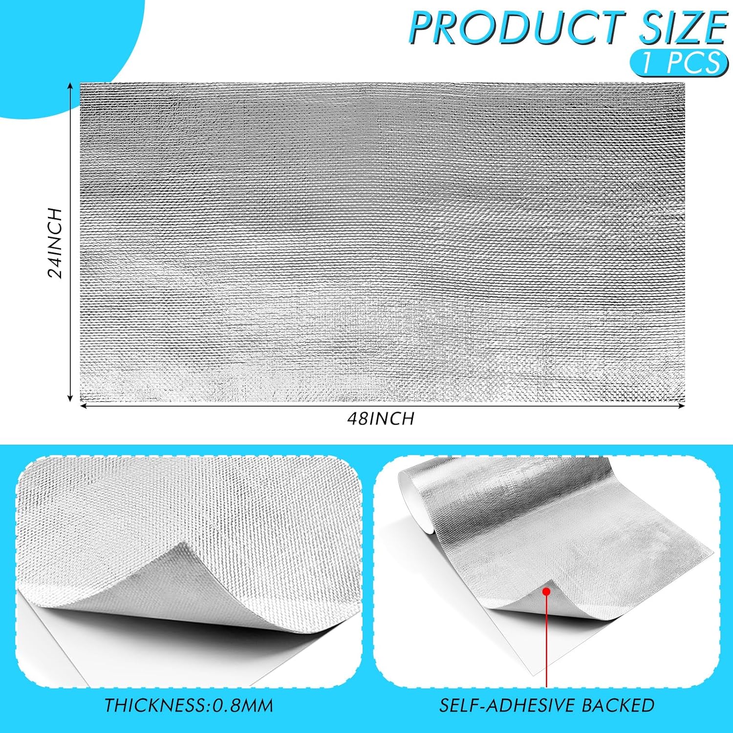 Amylove 1 Pcs 24'' x 48'' Aluminized Heat Shield Thermal Barrier Adhesive Backed Heat Blanket Wrap Fiberglass Insulation Reflective Material High Temp Protection for Exhaust Wood Fireplace Stove - Image 1