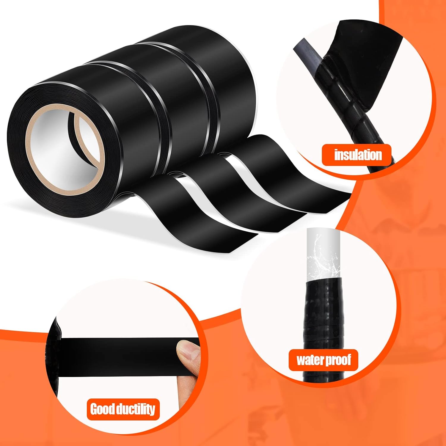 Amylove 6 Roll Waterproof Self Fusing Silicone Tape 1 Inch x 10 ft Black Leakproof Seal Hose Pipe Repair Tape for Water Emergency Pipeline Plumbing Repair Cable Winding Insulating - Image 3