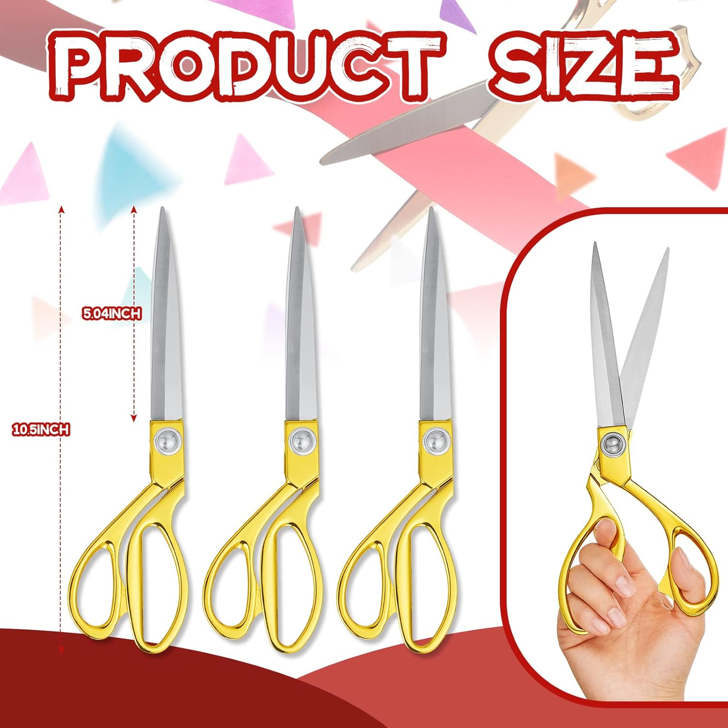 Amylove 3 Pcs Ribbon Cutting Scissors Metal Heavy Duty Stainless Steel Fabric Tailor for Ceremony Events Inaugurations Dressmaking Sewing Plastic Cardboard, 10.43 x 2.76 Inch (Style1,Gold) - Image 1