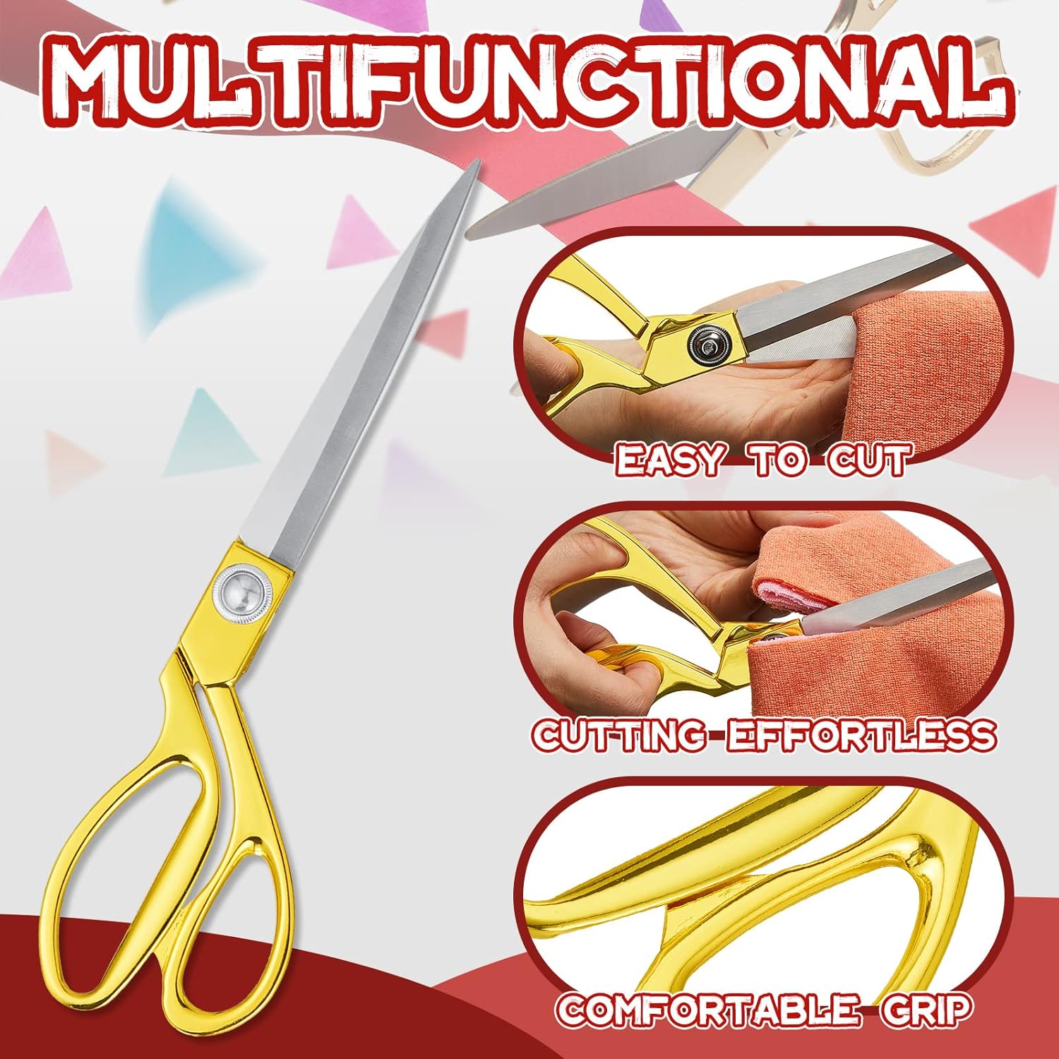 Amylove 3 Pcs Ribbon Cutting Scissors Metal Heavy Duty Stainless Steel Fabric Tailor for Ceremony Events Inaugurations Dressmaking Sewing Plastic Cardboard, 10.43 x 2.76 Inch (Style1,Gold) - Image 3