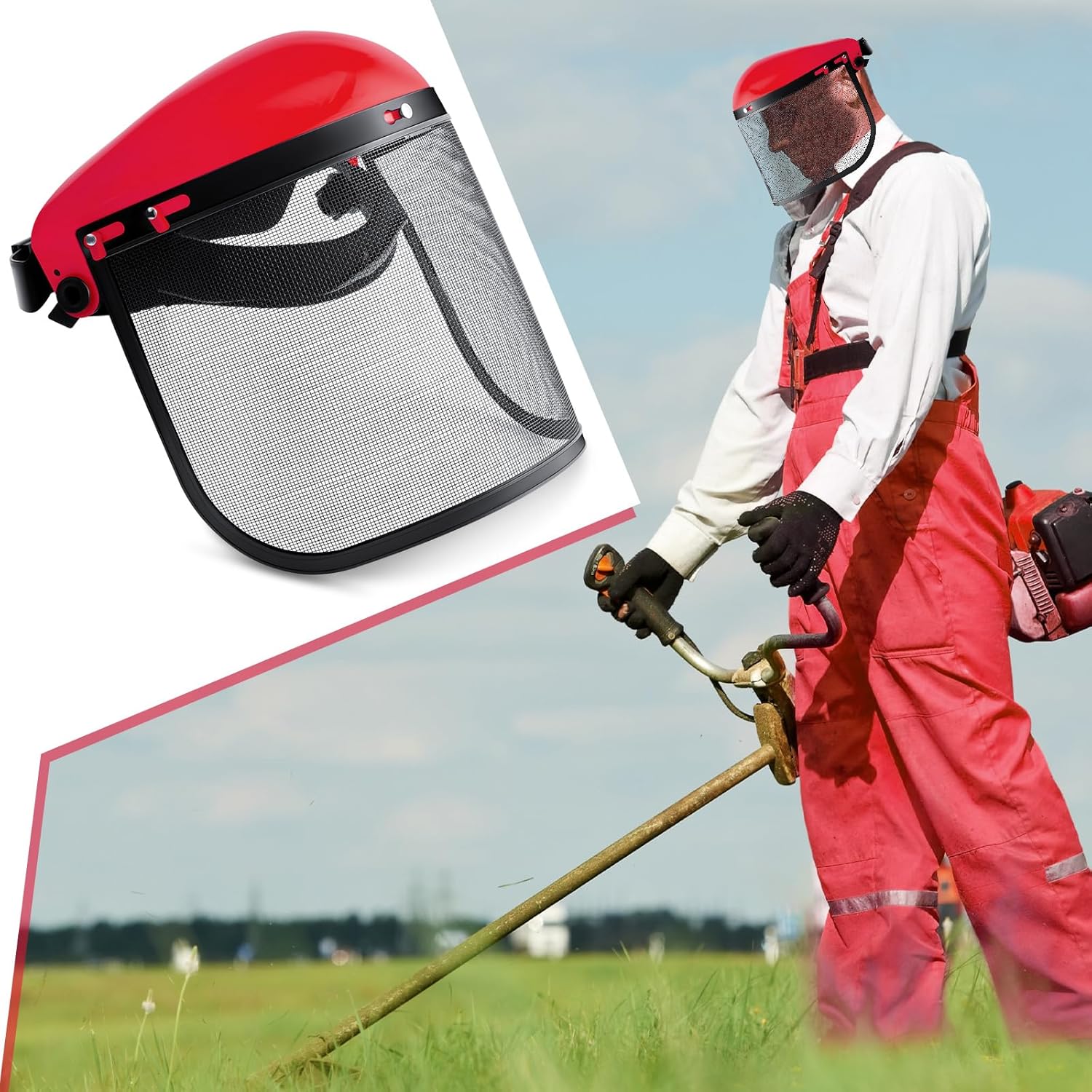 Amylove 2 Pcs Safety Face Shield with Mesh Weed Whacking Face Shield Masks Chainsaw Gardening Weed Mover Protection (Red) - Image 4
