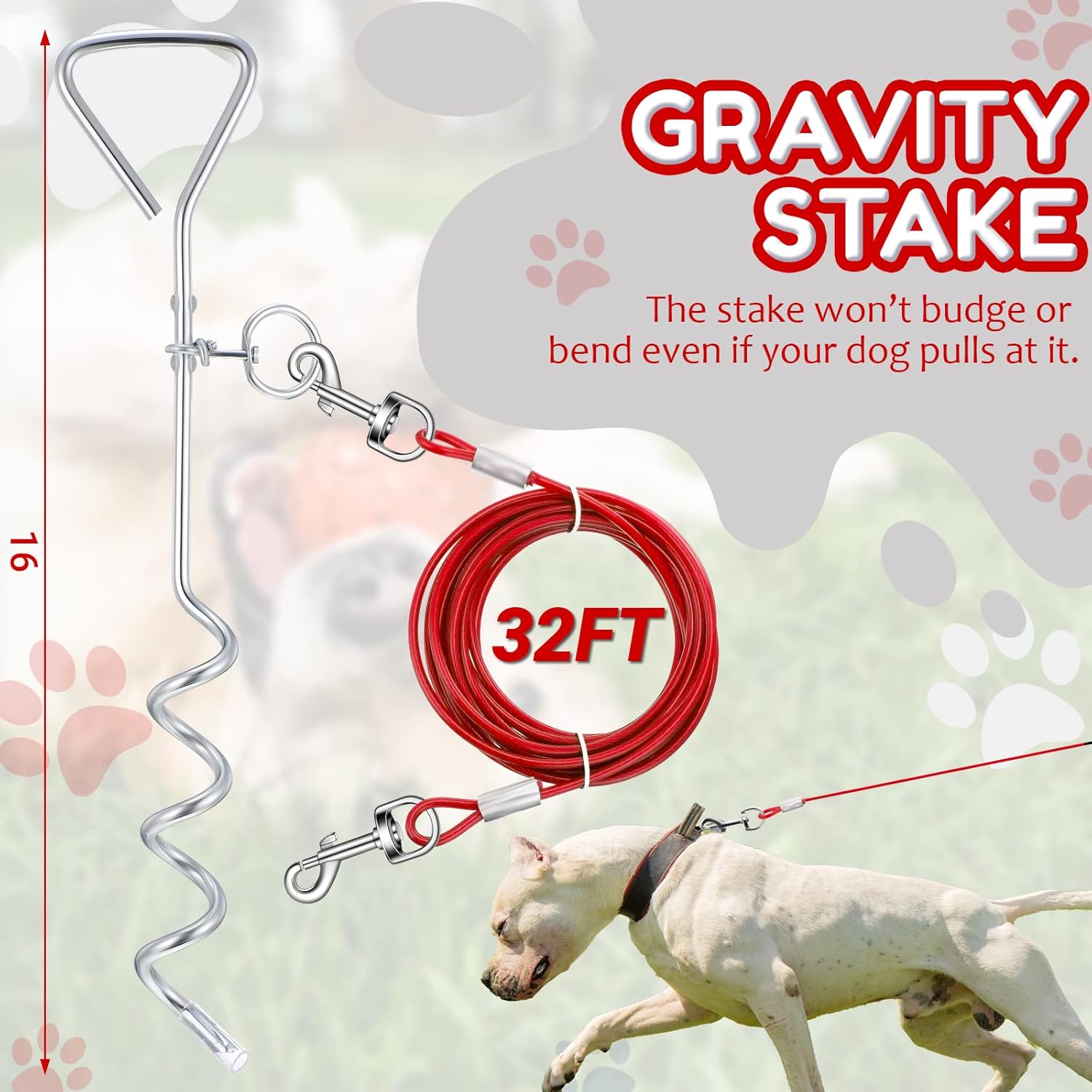Amylove 2 Set Dog Tie Out Cable and Stake - 30ft Leash Chain, 16