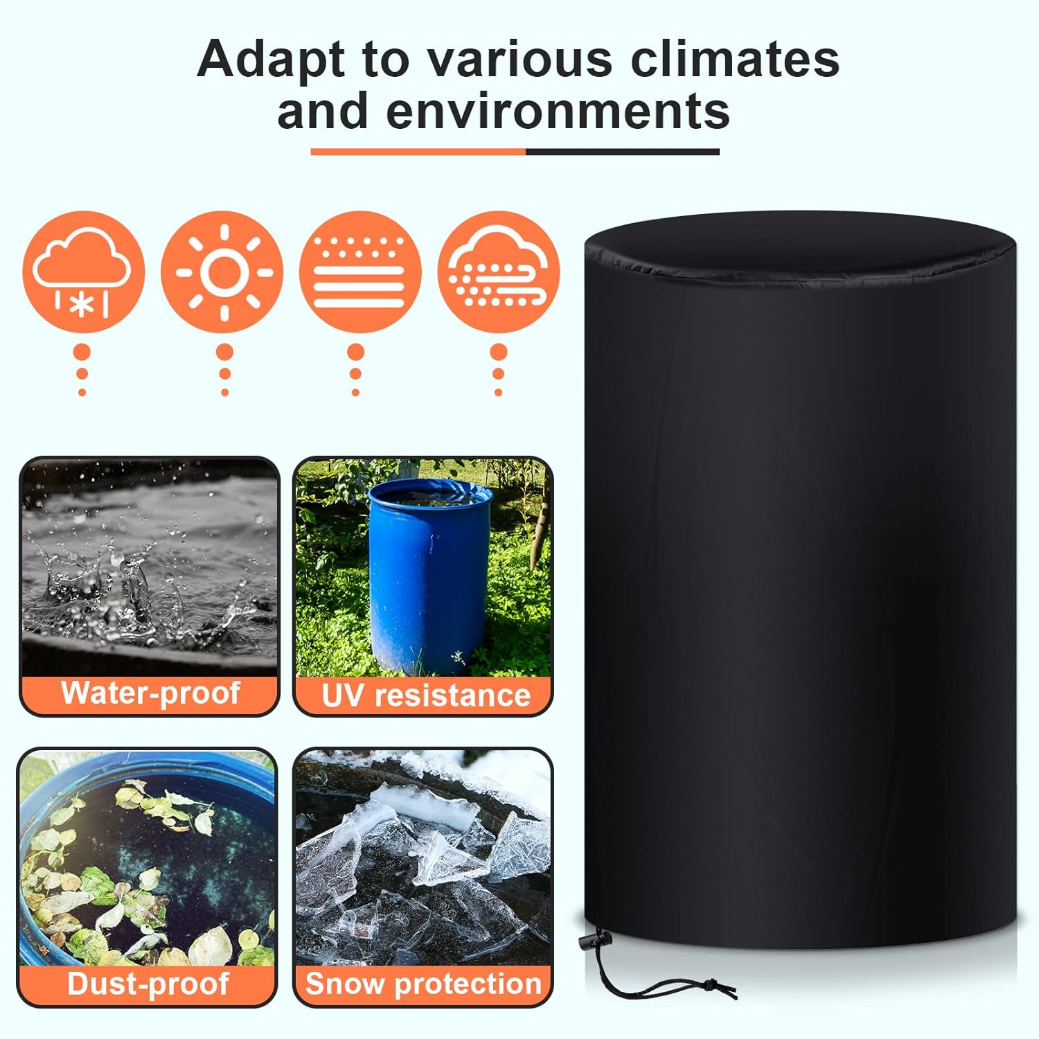 55 Gallon Drum Cover, 210D Oxford Cloth Water Storage Barrel Cover, 25 x 37 Inch Outdoor Waterproof Rain Snow Bucket lid with Drawstring, UV Protection, Anti Dust(2 Pcs) - Image 4