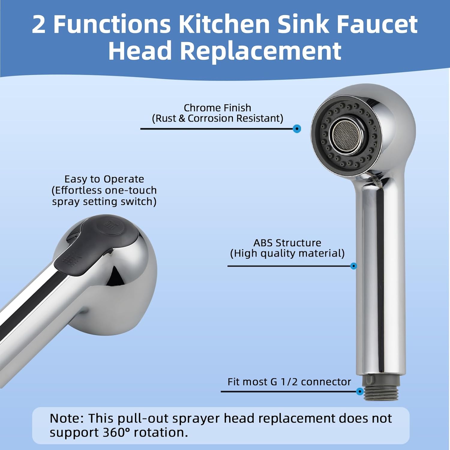 Pull Out Sink Sprayer Head Replacement, 2 Function Kitchen Sink Faucet Head, G1/2 or 13/16 Inch Thread Faucet Head Kitchen Tap Sprayer Spout, Chrome - Image 3