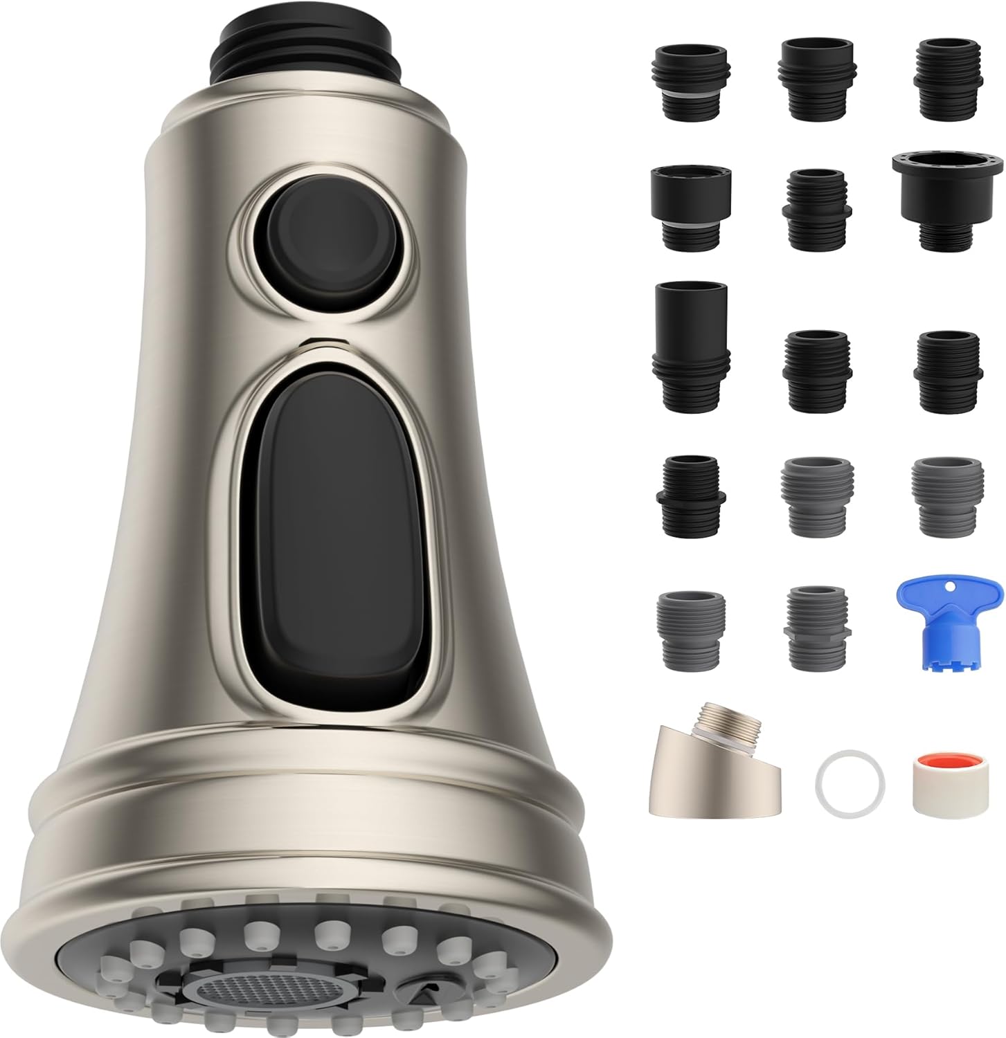 Kitchen Faucet Head Replacement, NSF/ANSI/CAN 61 & CUPC Certified, 3 Function Pull Down Faucet Spray Nozzle-15 Adapters Compatible with Moen, American Standard, Delta, Kohler - Brushed Nickel - Image 1