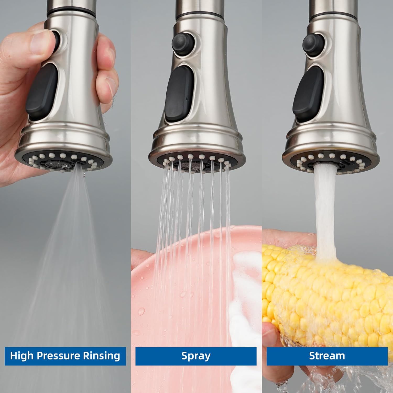 Kitchen Faucet Head Replacement, NSF/ANSI/CAN 61 & CUPC Certified, 3 Function Pull Down Faucet Spray Nozzle-15 Adapters Compatible with Moen, American Standard, Delta, Kohler - Brushed Nickel - Image 2