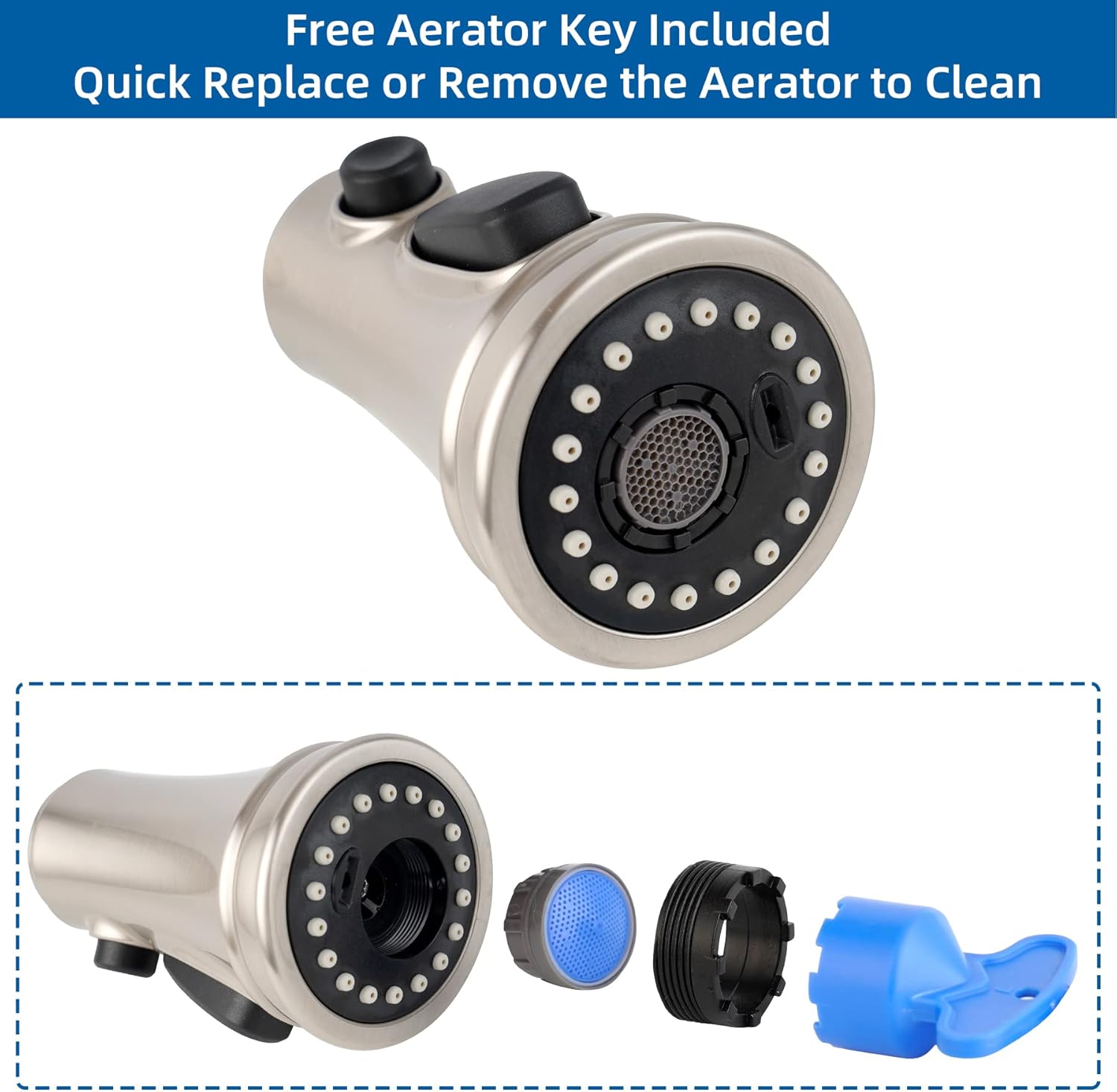 Kitchen Faucet Head Replacement, NSF/ANSI/CAN 61 & CUPC Certified, 3 Function Pull Down Faucet Spray Nozzle-15 Adapters Compatible with Moen, American Standard, Delta, Kohler - Brushed Nickel - Image 3