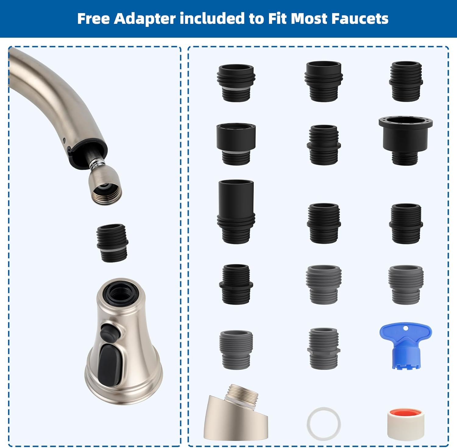 Kitchen Faucet Head Replacement, NSF/ANSI/CAN 61 & CUPC Certified, 3 Function Pull Down Faucet Spray Nozzle-15 Adapters Compatible with Moen, American Standard, Delta, Kohler - Brushed Nickel - Image 4