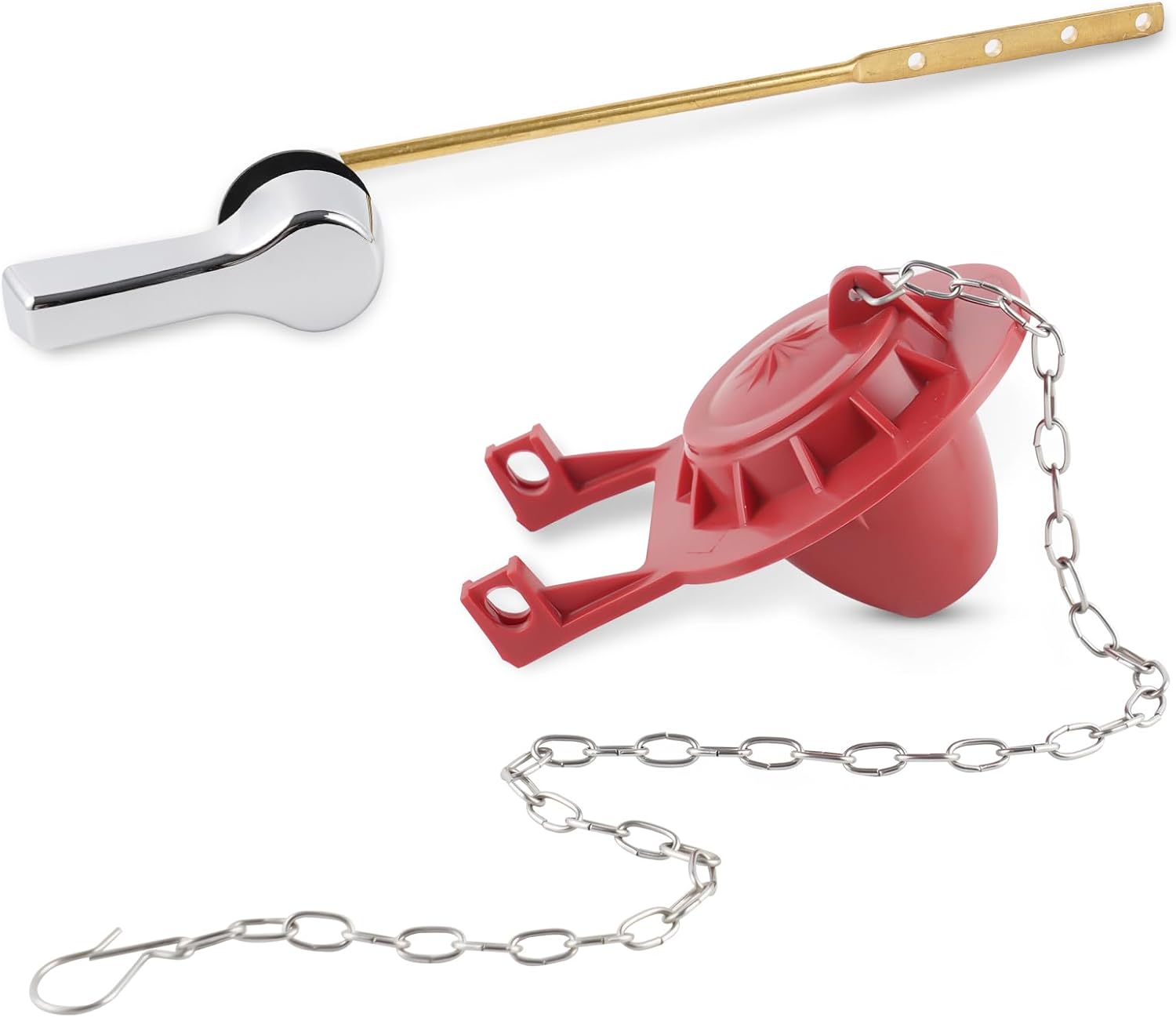 Universal Front Mount Toilet Handle Replacement Kit with 2-inch Universal Toilet Flapper, Stainless Steel Flapper Chains, Chrome Finish Toilet Trip Lever and Red Toilet Flapper Replacement Kit - Image 1