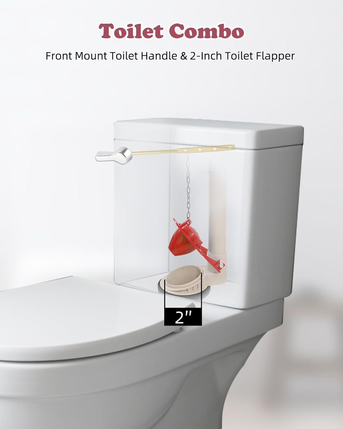 Universal Front Mount Toilet Handle Replacement Kit with 2-inch Universal Toilet Flapper, Stainless Steel Flapper Chains, Chrome Finish Toilet Trip Lever and Red Toilet Flapper Replacement Kit - Image 2