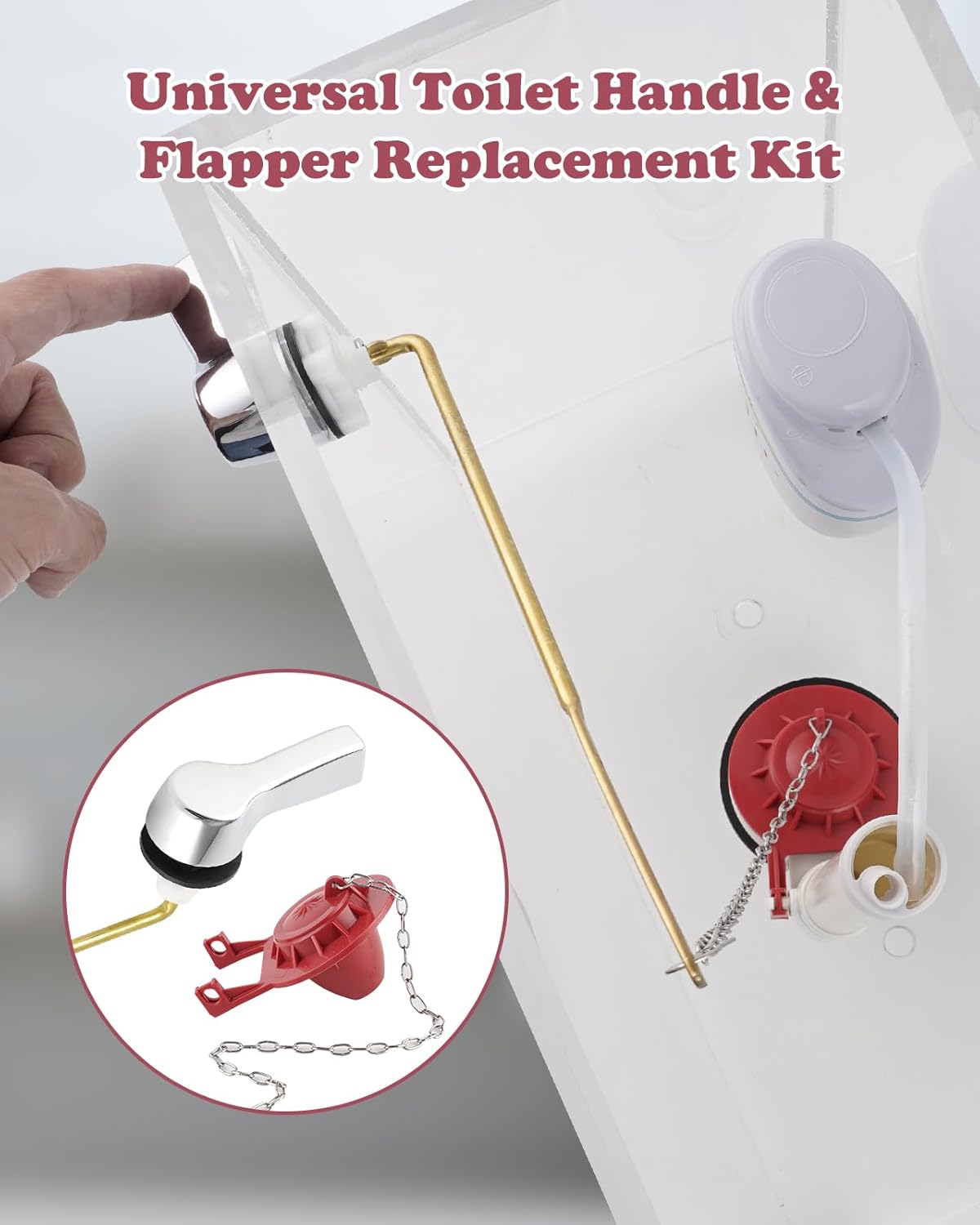 Universal Front Mount Toilet Handle Replacement Kit with 2-inch Universal Toilet Flapper, Stainless Steel Flapper Chains, Chrome Finish Toilet Trip Lever and Red Toilet Flapper Replacement Kit - Image 3